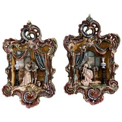 Pair of Mid-Century French Hand Painted Ceramic Barbotine Figural Wall Plaques