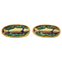 Pair of Mid-Century French Hand Painted Ceramic Barbotine Fish Wall Platters