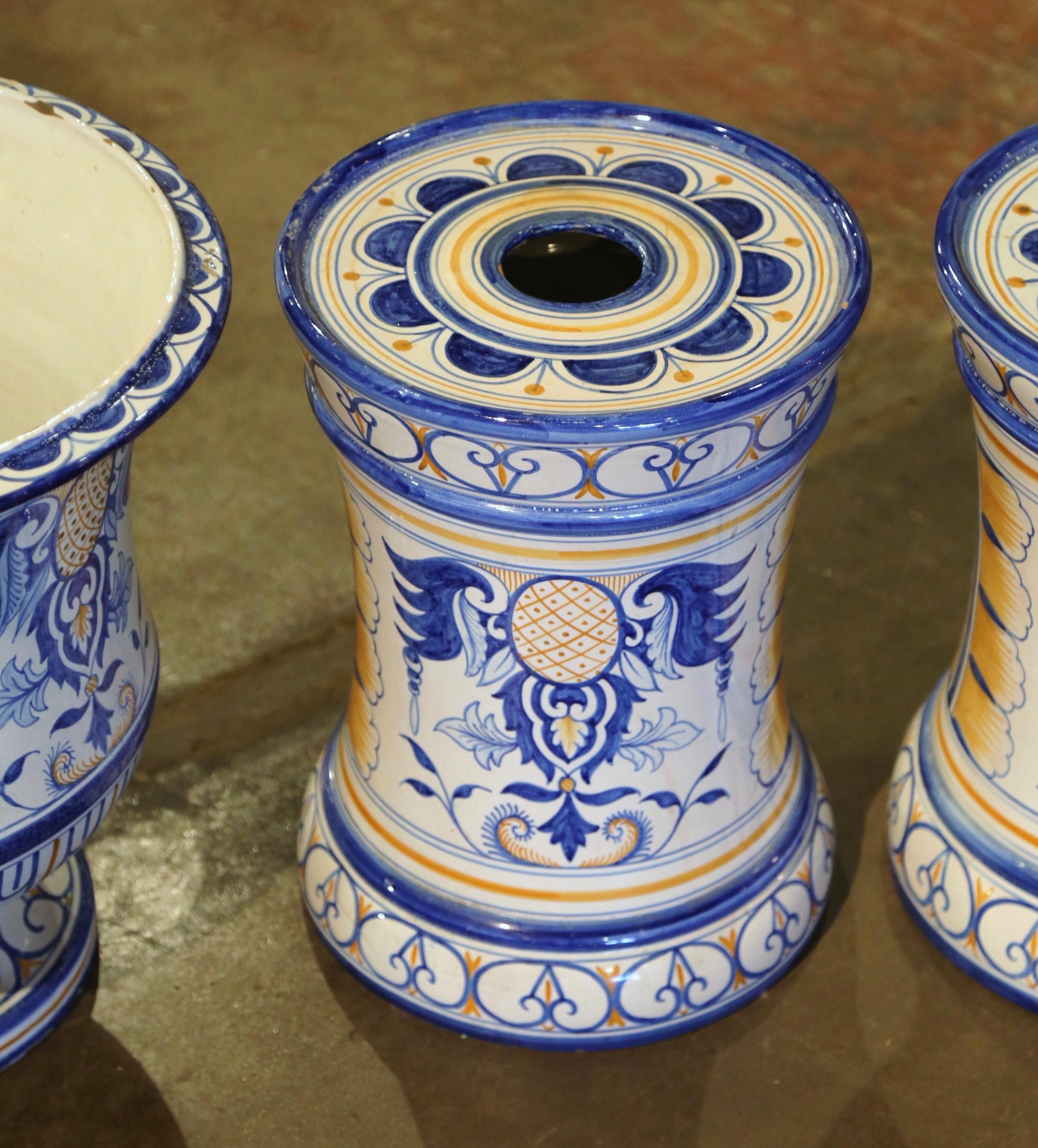 Pair of Mid-Century French Hand-Painted Faience Planters and Bases from Nevers For Sale 5