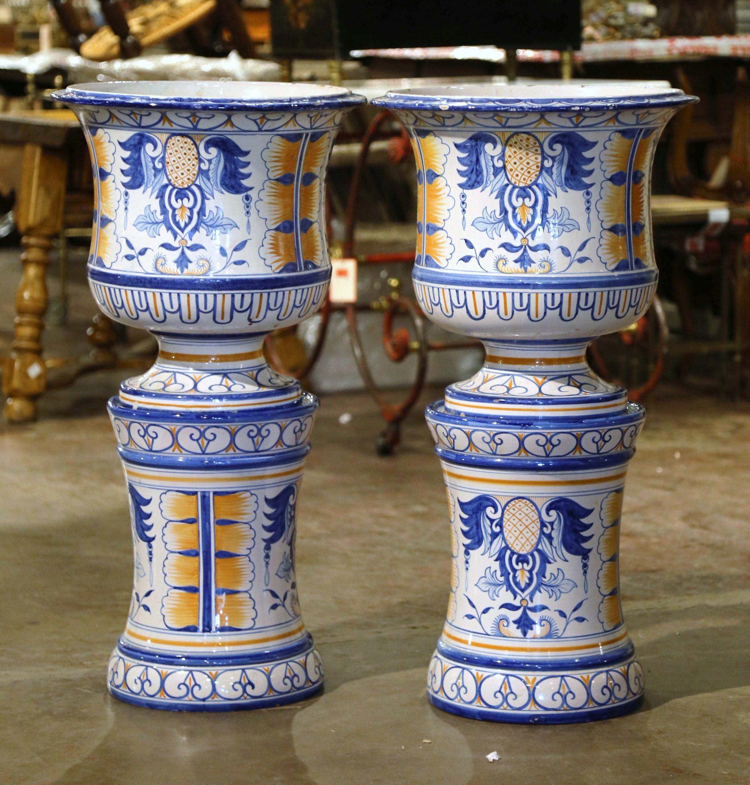 20th Century Pair of Mid-Century French Hand-Painted Faience Planters and Bases from Nevers For Sale