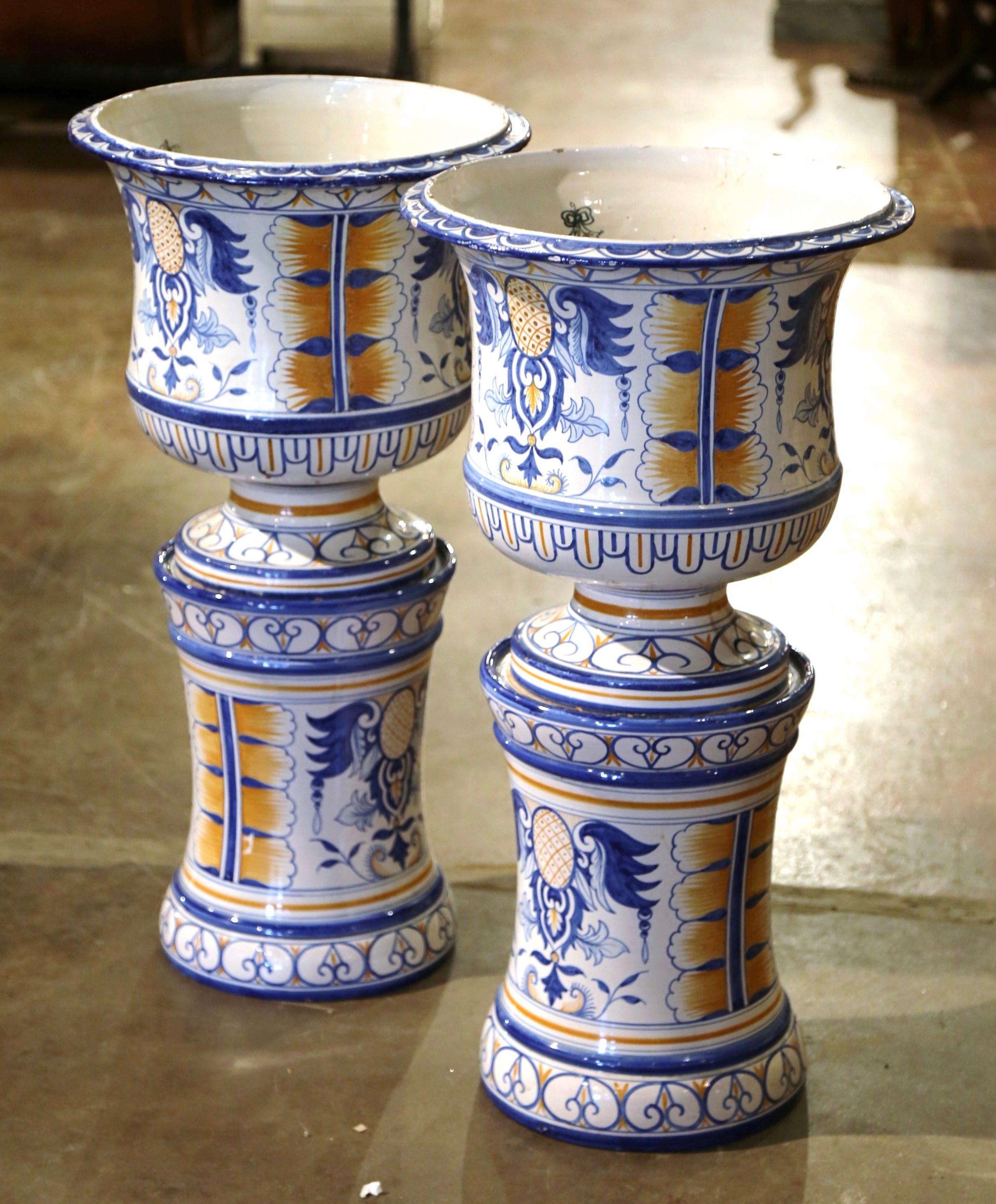 Ceramic Pair of Mid-Century French Hand-Painted Faience Planters and Bases from Nevers For Sale