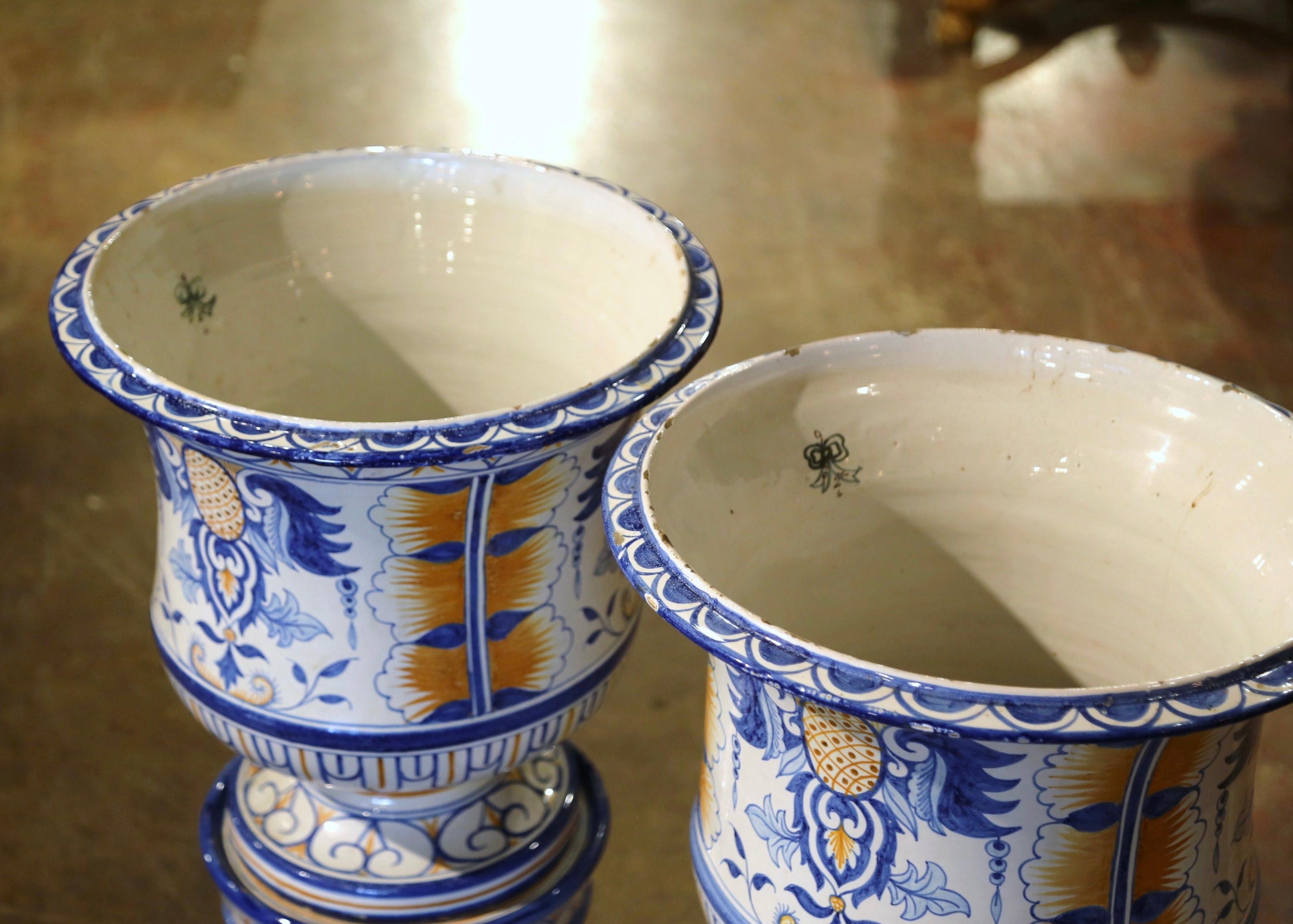 Pair of Mid-Century French Hand-Painted Faience Planters and Bases from Nevers For Sale 1
