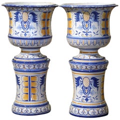 Pair of Mid-Century French Hand-Painted Faience Planters and Bases from Nevers