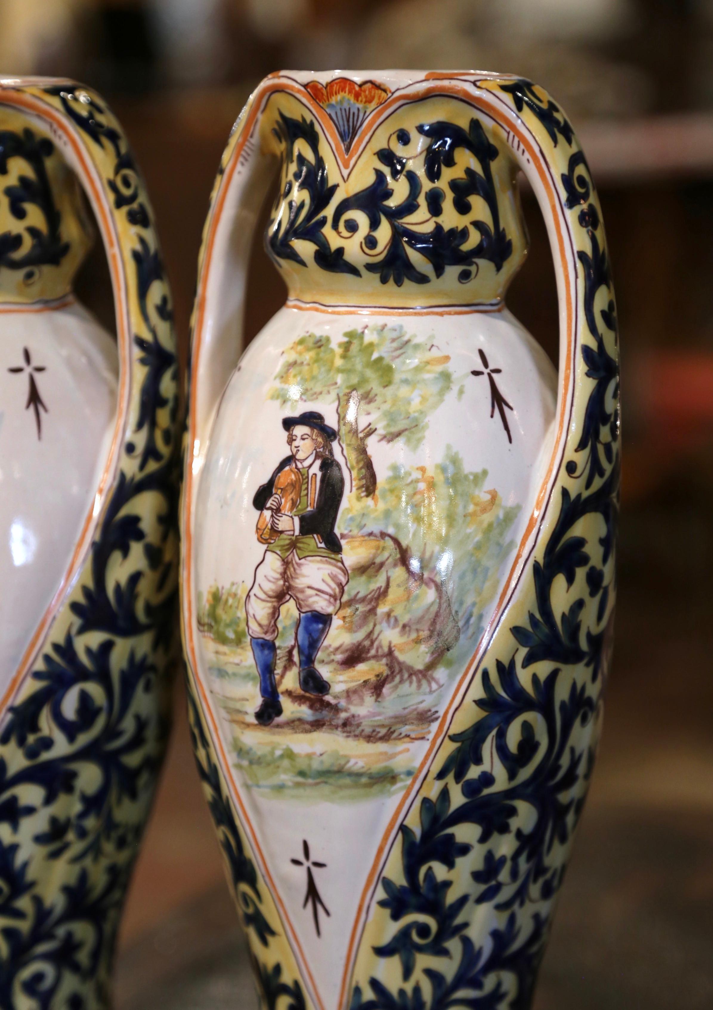Pair of Mid-Century French Hand Painted Faience Quimper Vases Dated 1942 In Excellent Condition In Dallas, TX