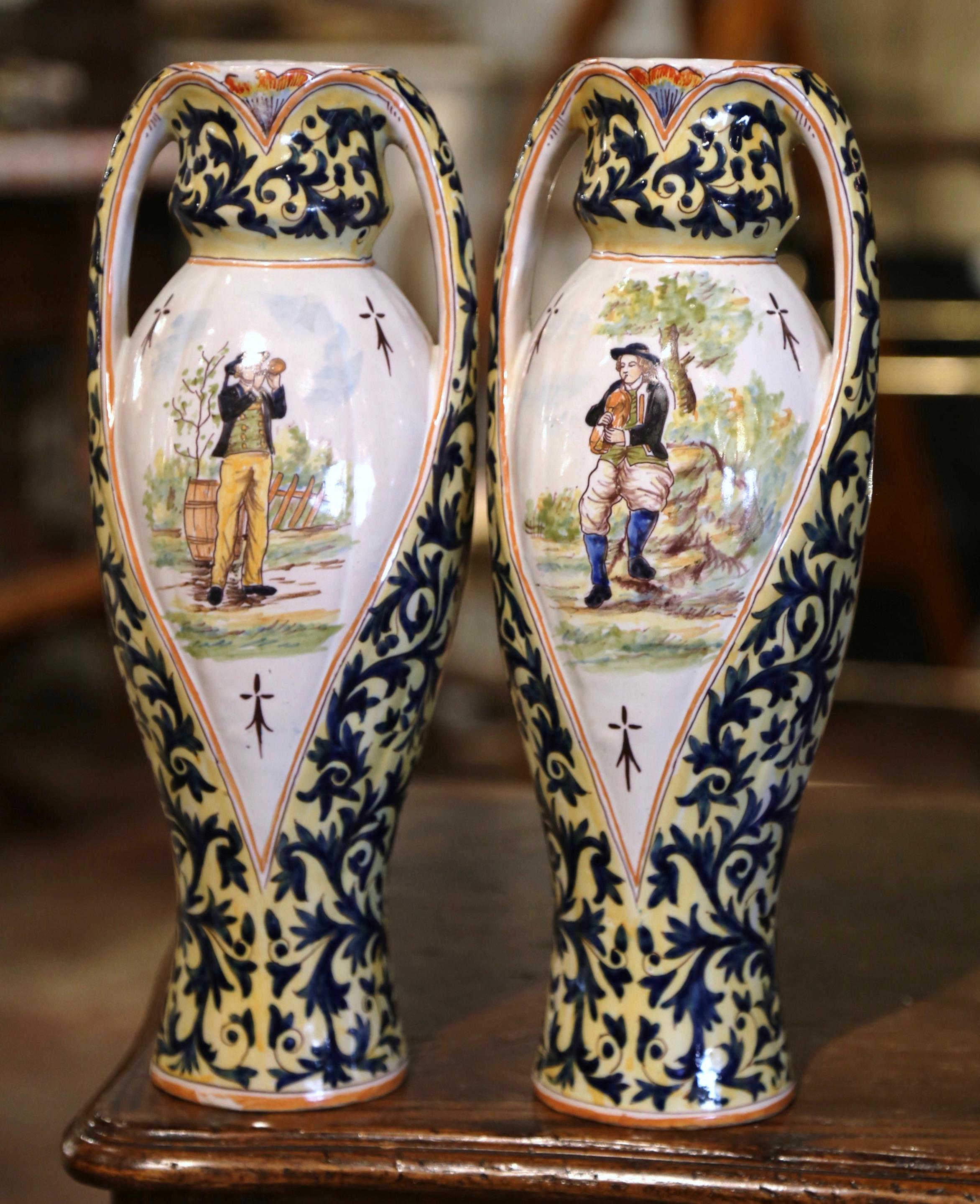 20th Century Pair of Mid-Century French Hand Painted Faience Quimper Vases Dated 1942