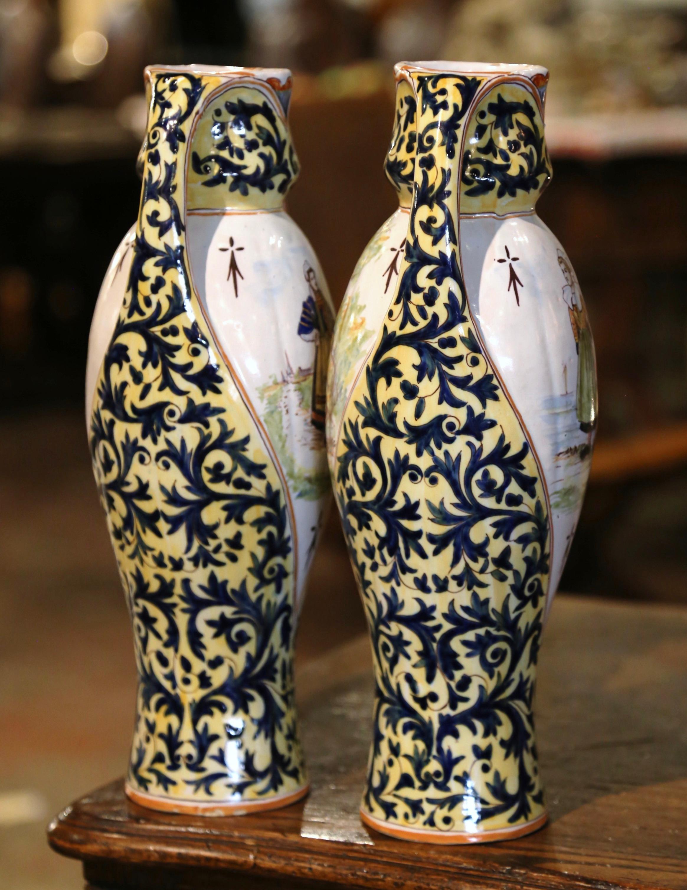 Ceramic Pair of Mid-Century French Hand Painted Faience Quimper Vases Dated 1942