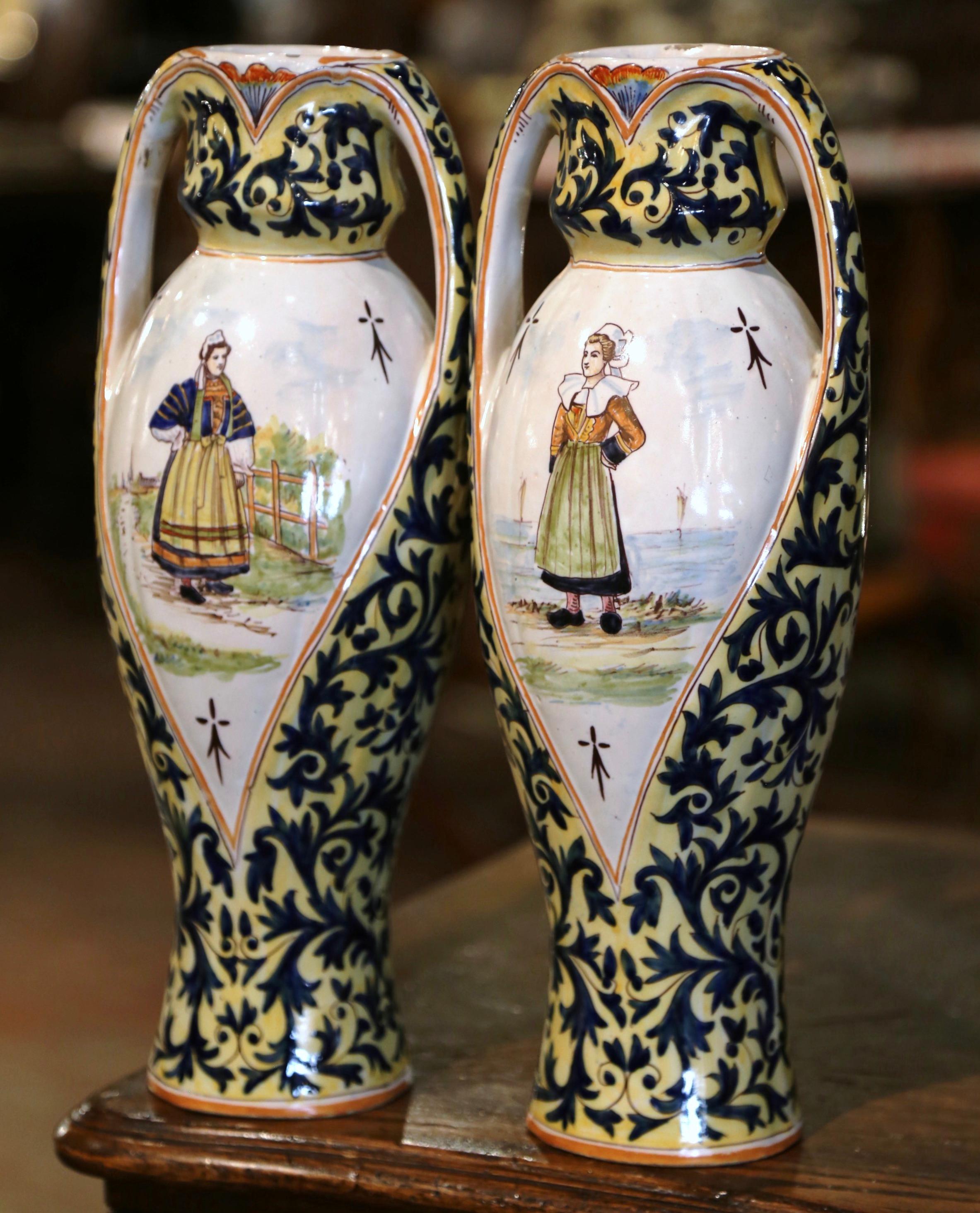 Pair of Mid-Century French Hand Painted Faience Quimper Vases Dated 1942 2