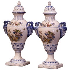 Antique Pair of Mid-Century French Hand Painted Faience "Saint Clement" Urns with Lids