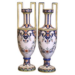 Pair of Mid-Century French Hand Painted Faience Vases Signed HB Quimper