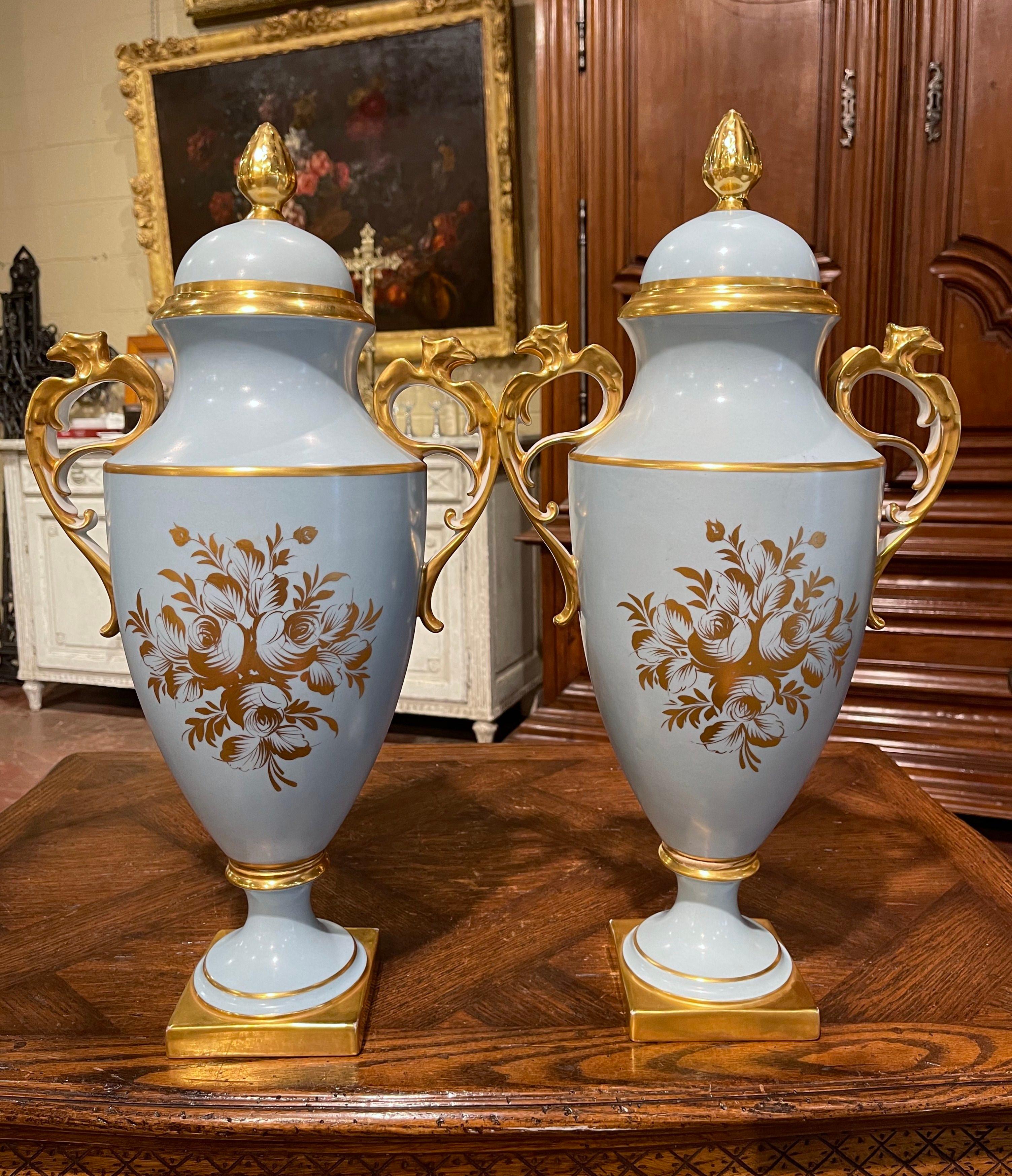 Gilt Pair of Mid-Century French Hand-Painted Porcelain Limoges Urns Signed Rene Caire