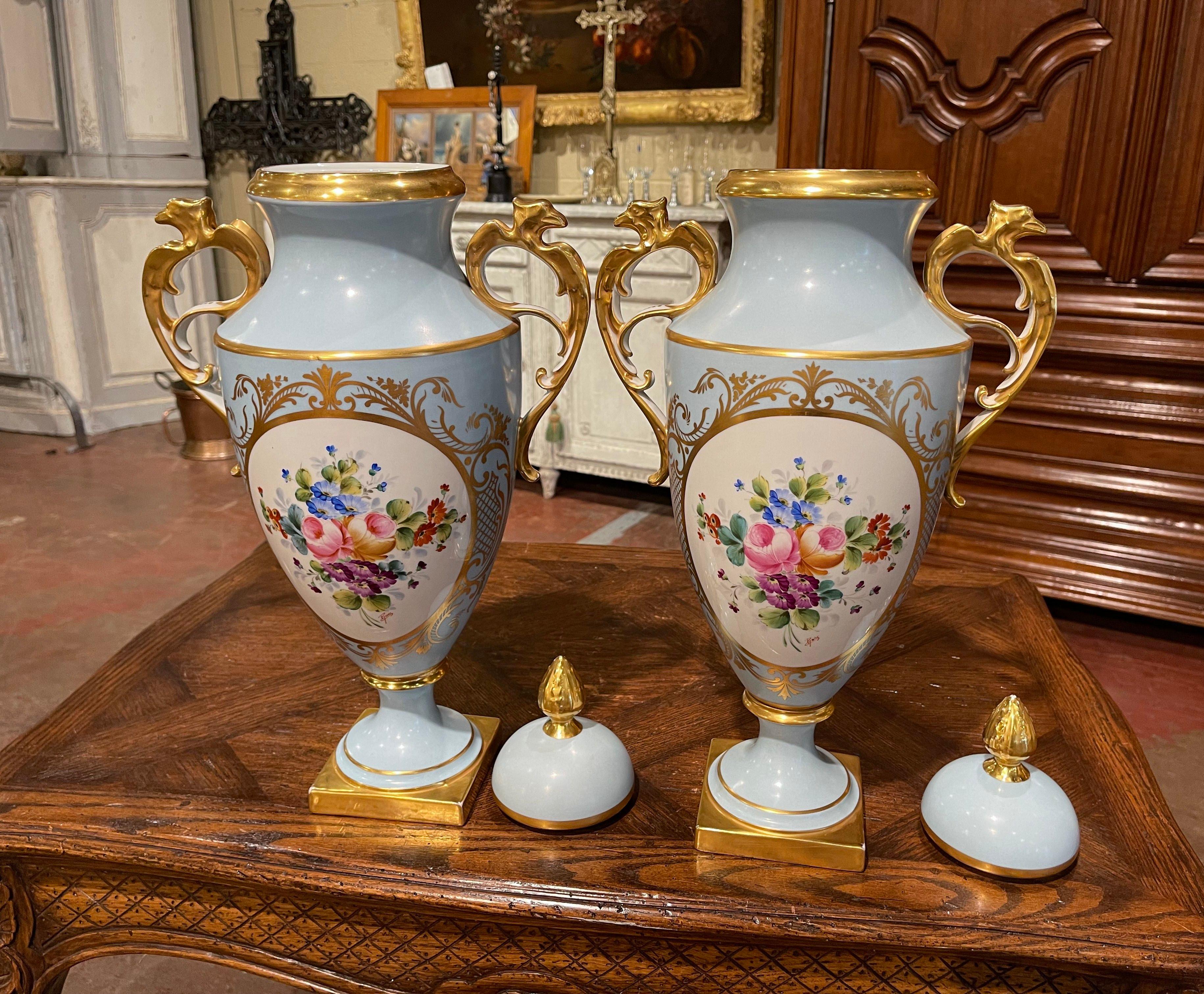 Pair of Mid-Century French Hand-Painted Porcelain Limoges Urns Signed Rene Caire In Excellent Condition In Dallas, TX