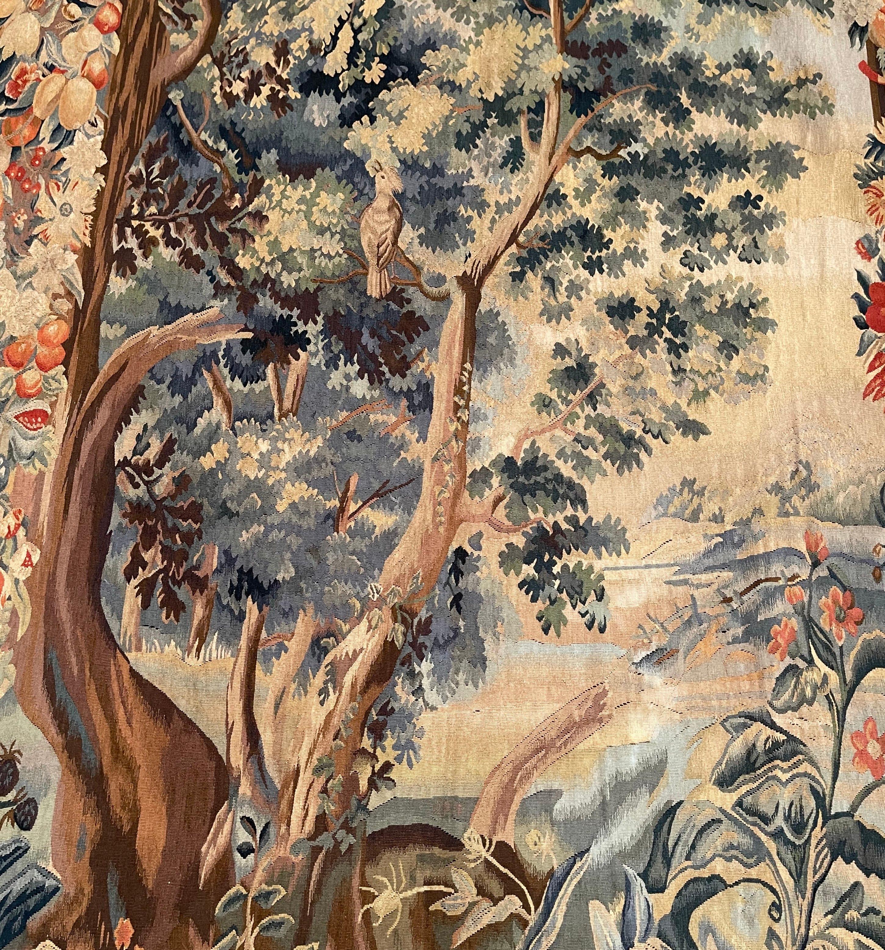 Pair of Mid-Century French Hand Woven Verdure Tapestries w/ Bird & Foliage Motif 5
