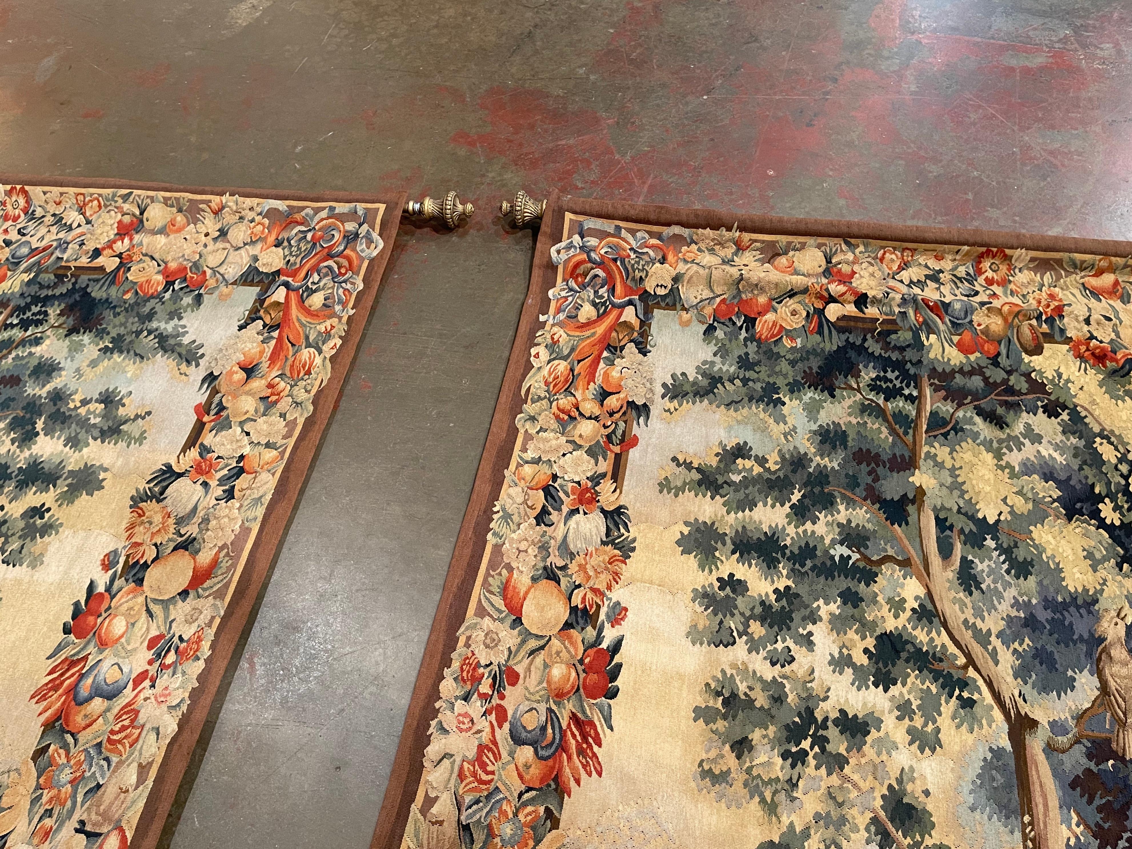 Pair of Mid-Century French Hand Woven Verdure Tapestries w/ Bird & Foliage Motif 7