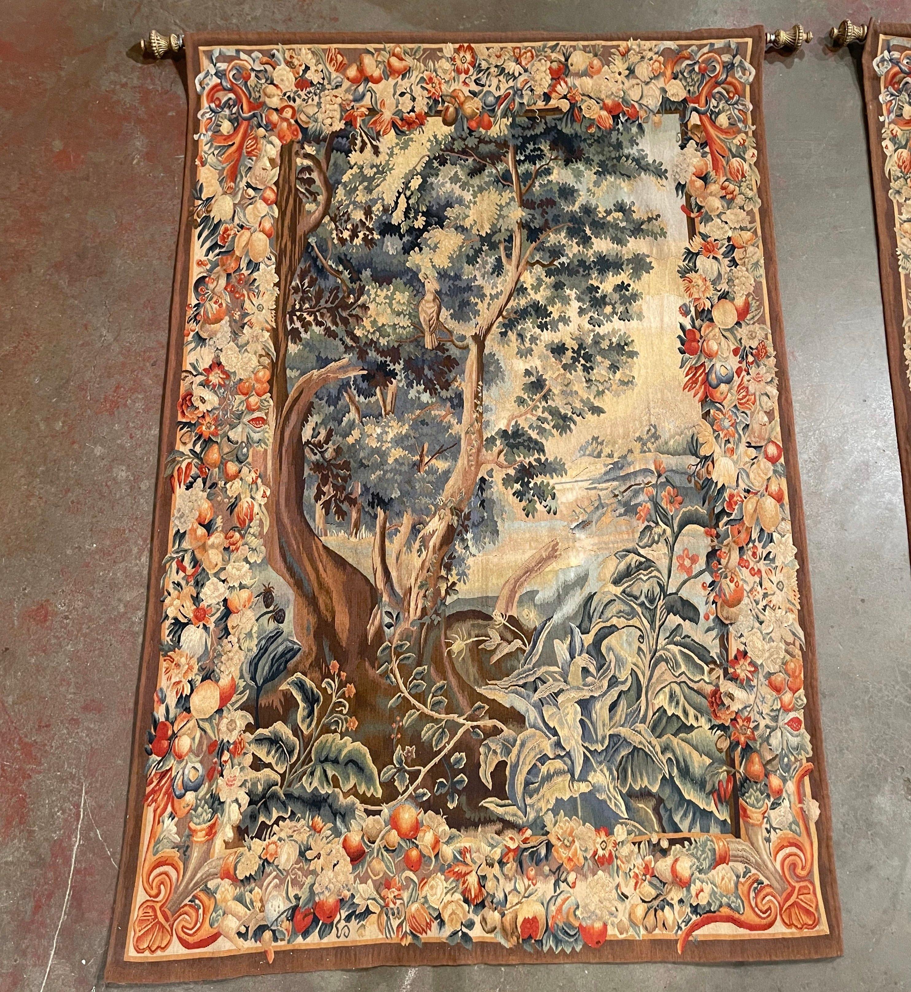 Pair of Mid-Century French Hand Woven Verdure Tapestries w/ Bird & Foliage Motif In Excellent Condition In Dallas, TX