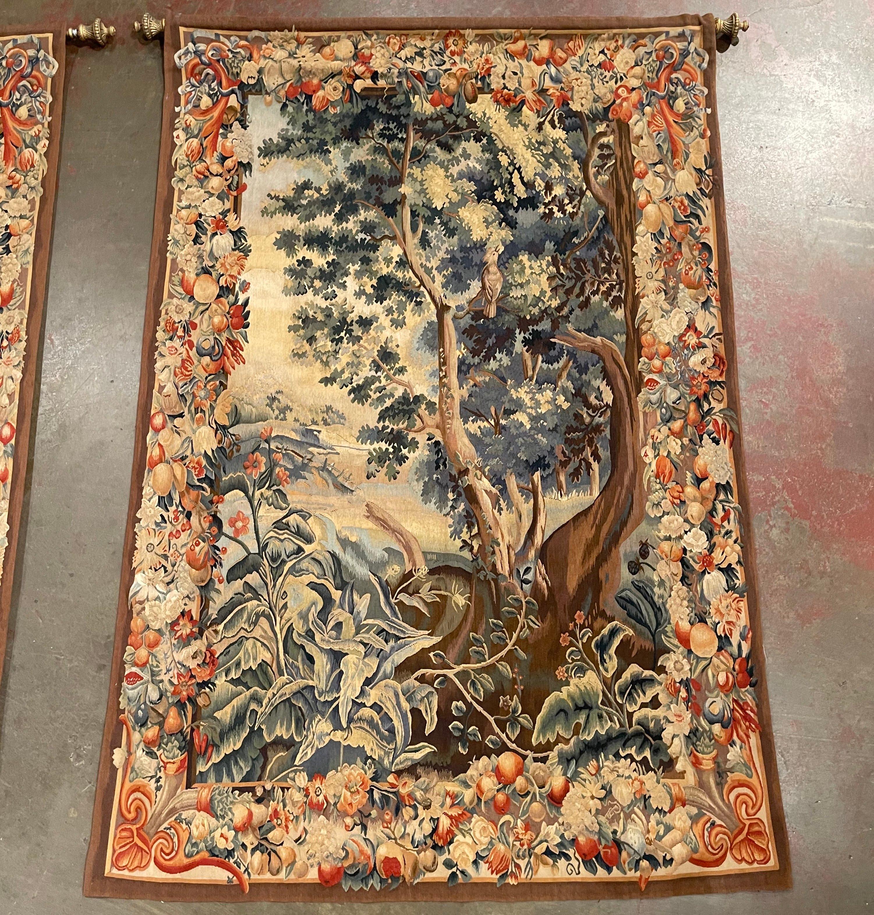 20th Century Pair of Mid-Century French Hand Woven Verdure Tapestries w/ Bird & Foliage Motif