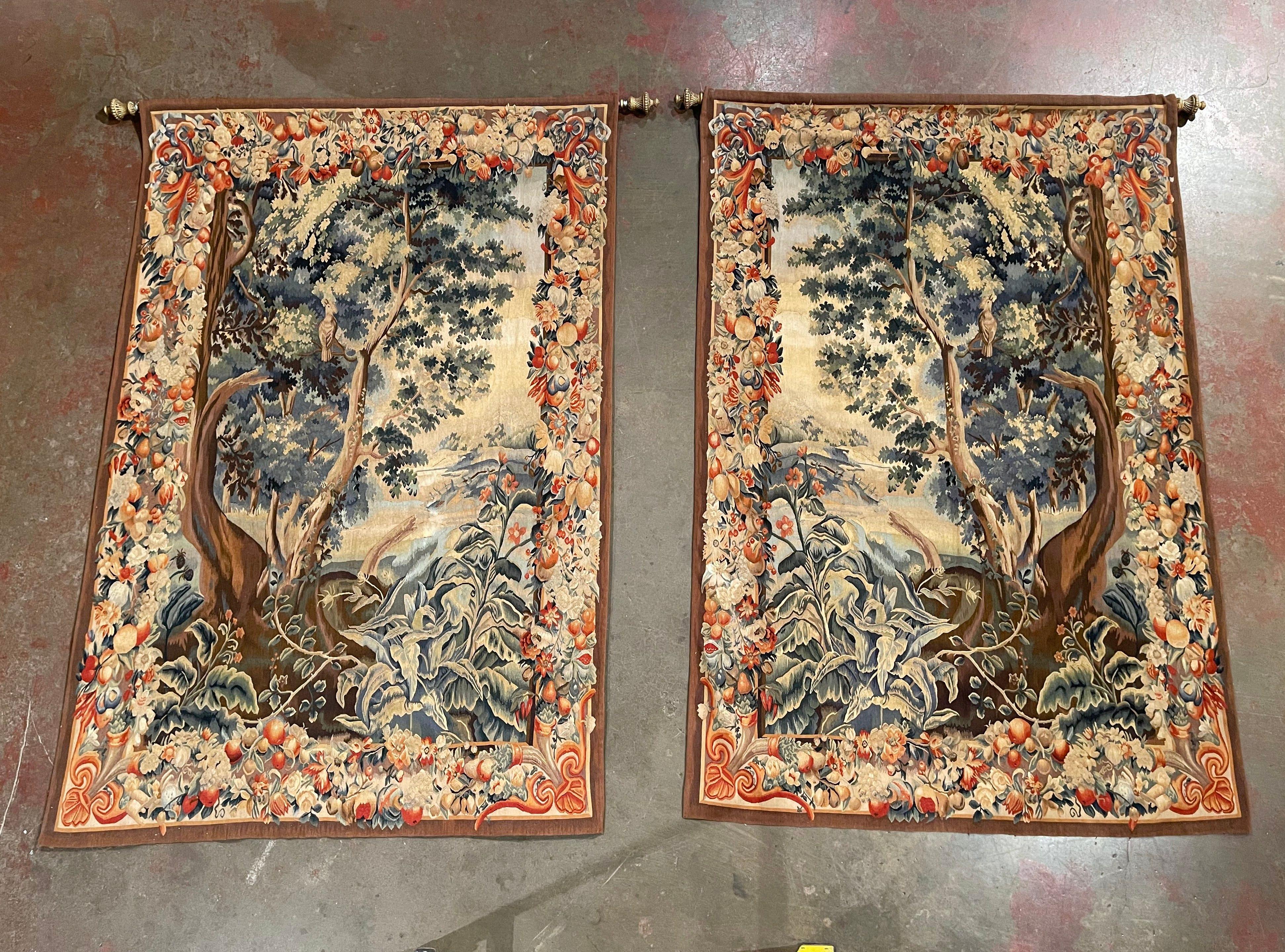 Pair of Mid-Century French Hand Woven Verdure Tapestries w/ Bird & Foliage Motif 1