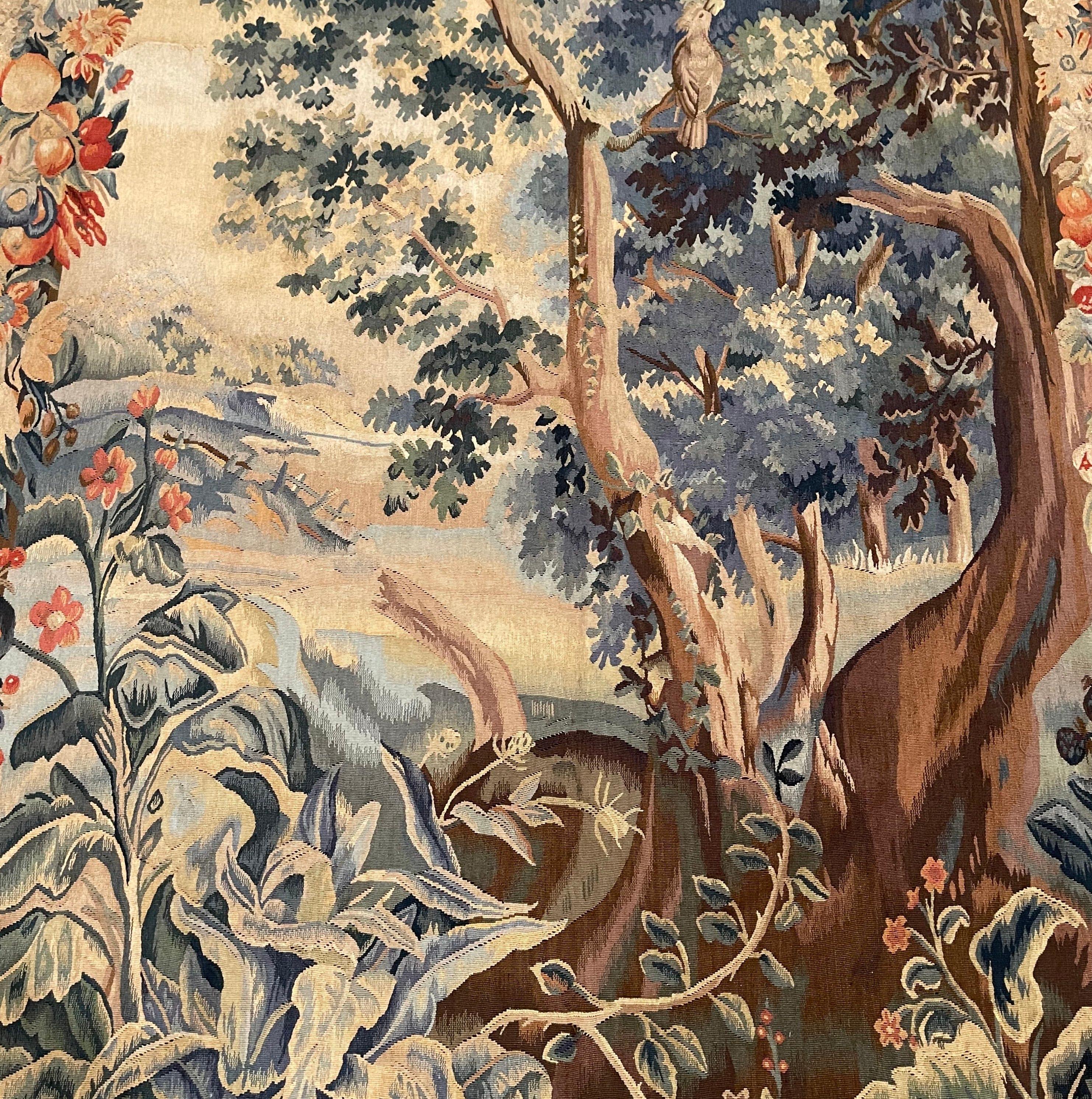 Pair of Mid-Century French Hand Woven Verdure Tapestries w/ Bird & Foliage Motif 3