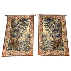 Pair of Mid-Century French Hand Woven Verdure Tapestries w/ Bird & Foliage Motif