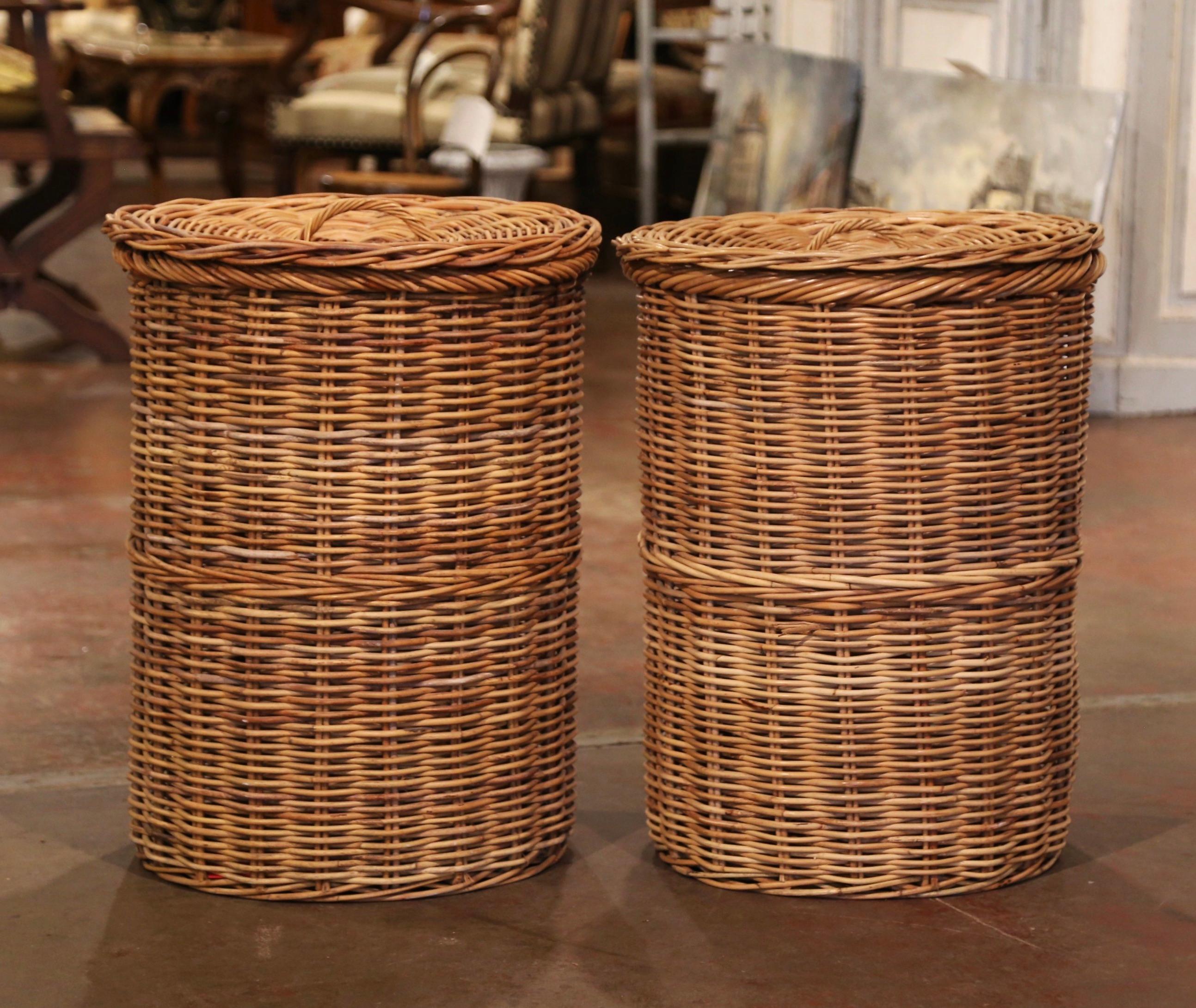 Hand-Woven Pair of Mid-Century French Handwoven Wicker Baskets with Lids