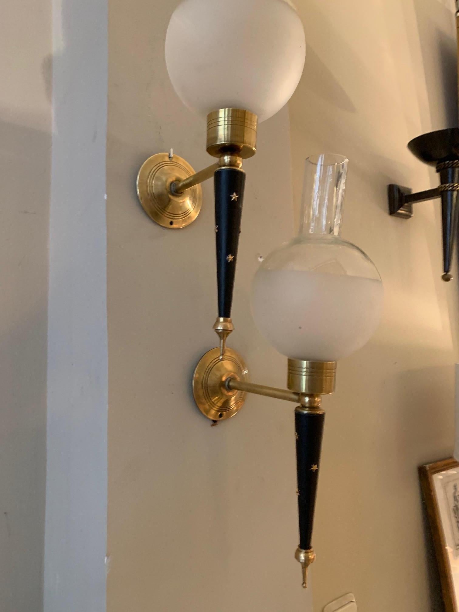 Pair of Midcentury French Lacquered Metal and Brass Wall Sconces, 1950 5