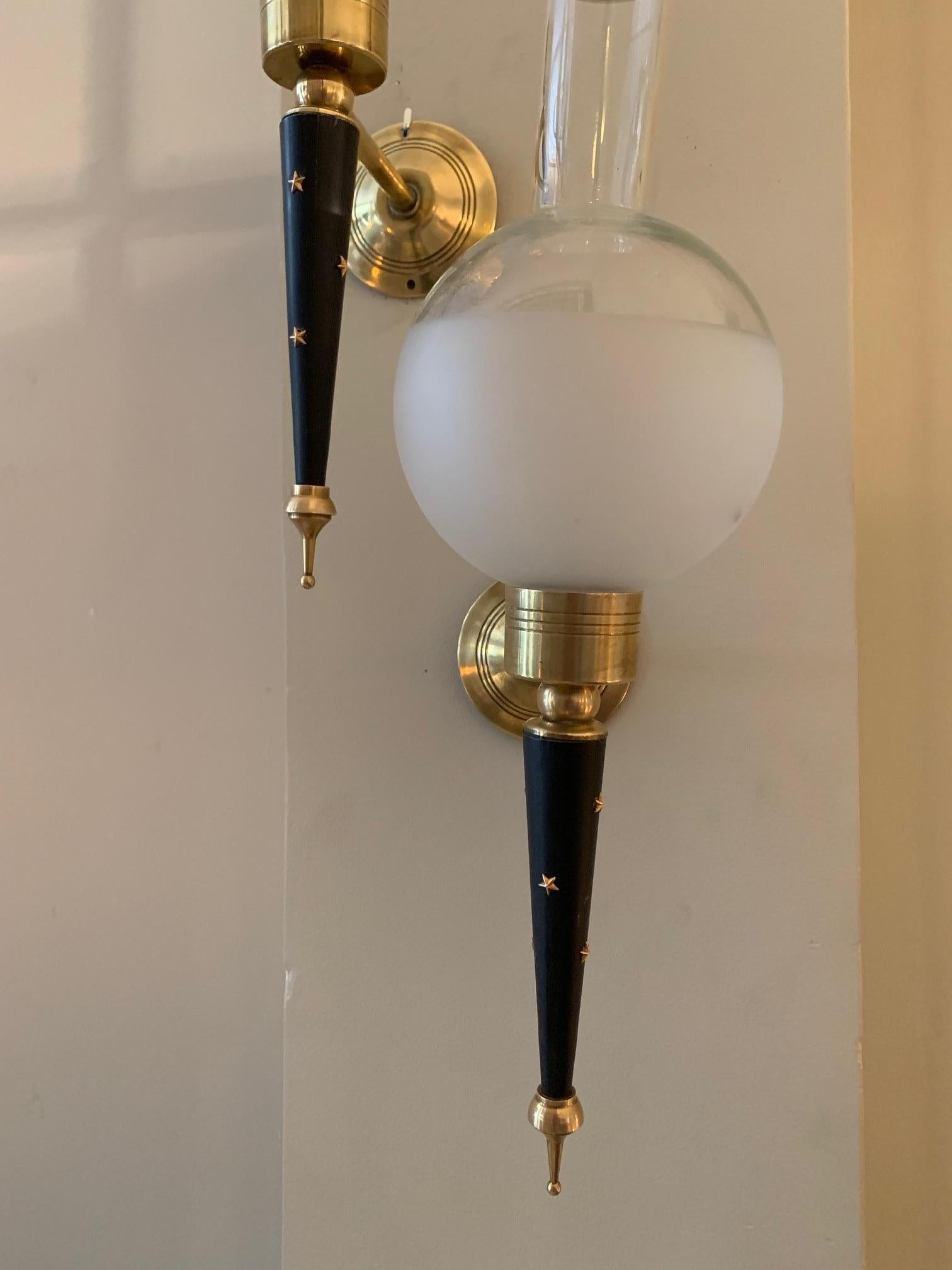 Pair of Midcentury French Lacquered Metal and Brass Wall Sconces, 1950 7