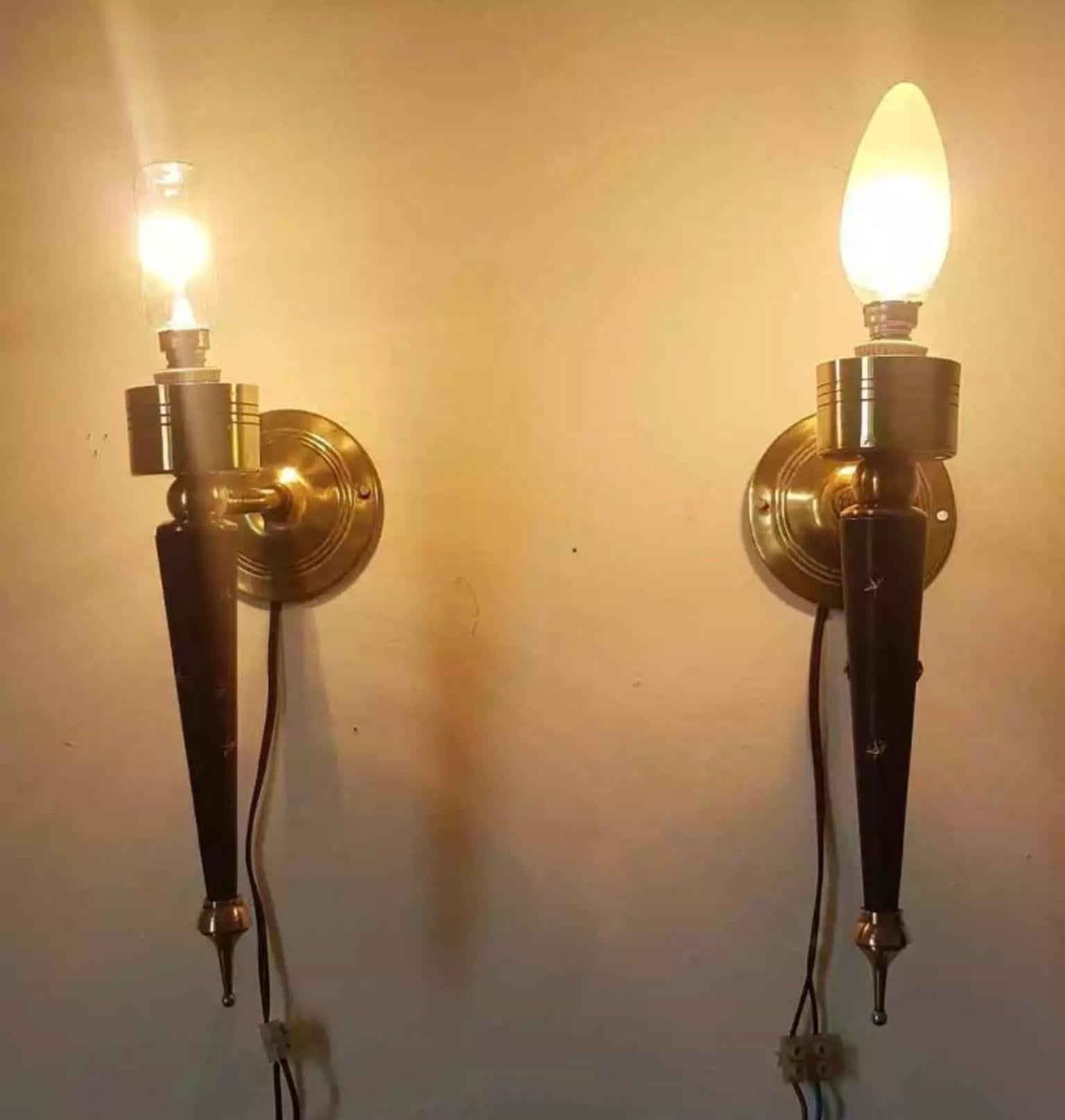 Pair of Midcentury French Lacquered Metal and Brass Wall Sconces, 1950 8