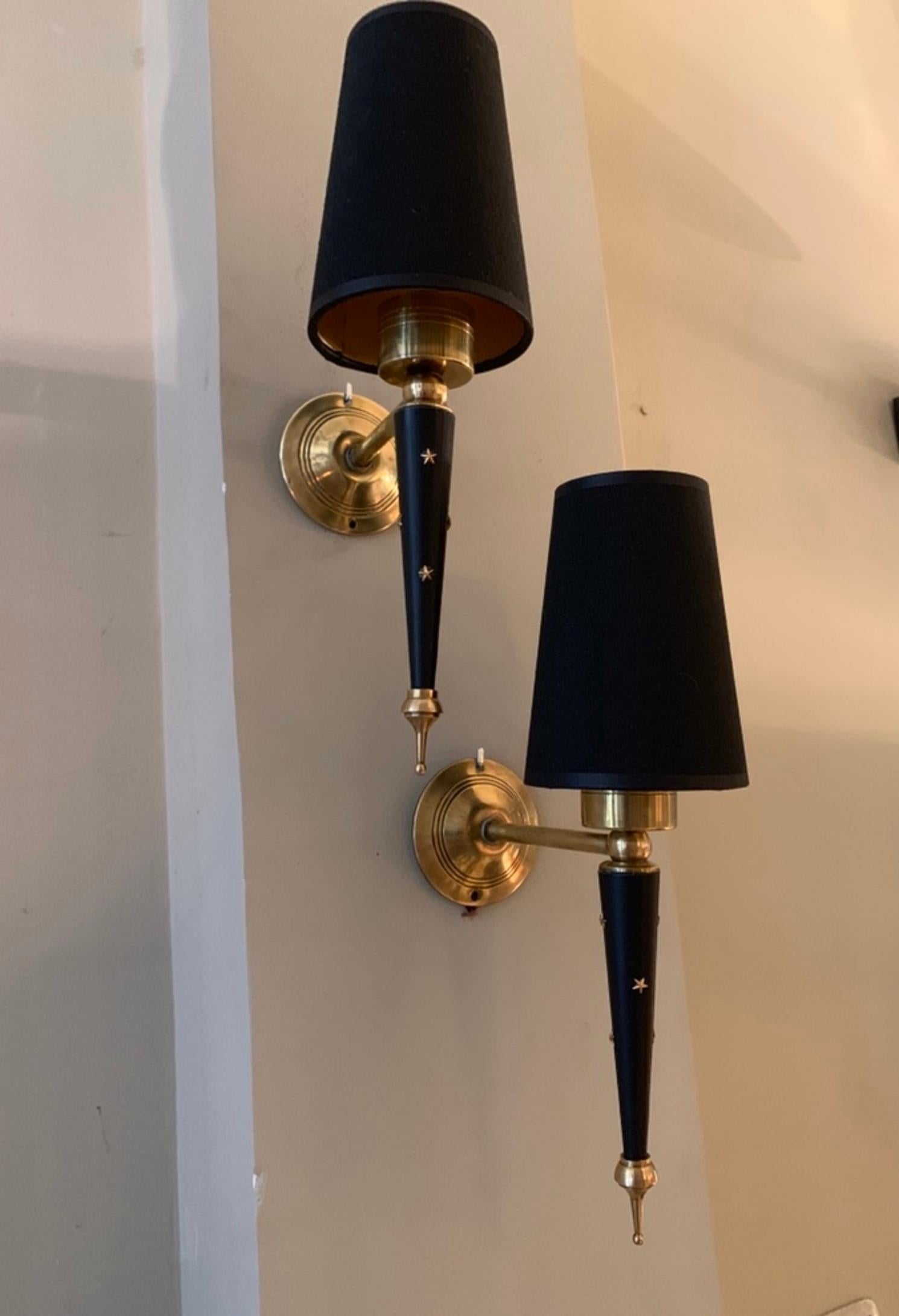 Pair of Midcentury French Lacquered Metal and Brass Wall Sconces, 1950 9