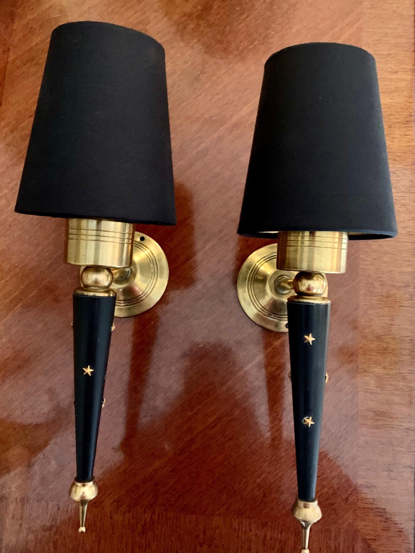 Mid-Century Modern Pair of Midcentury French Lacquered Metal and Brass Wall Sconces, 1950