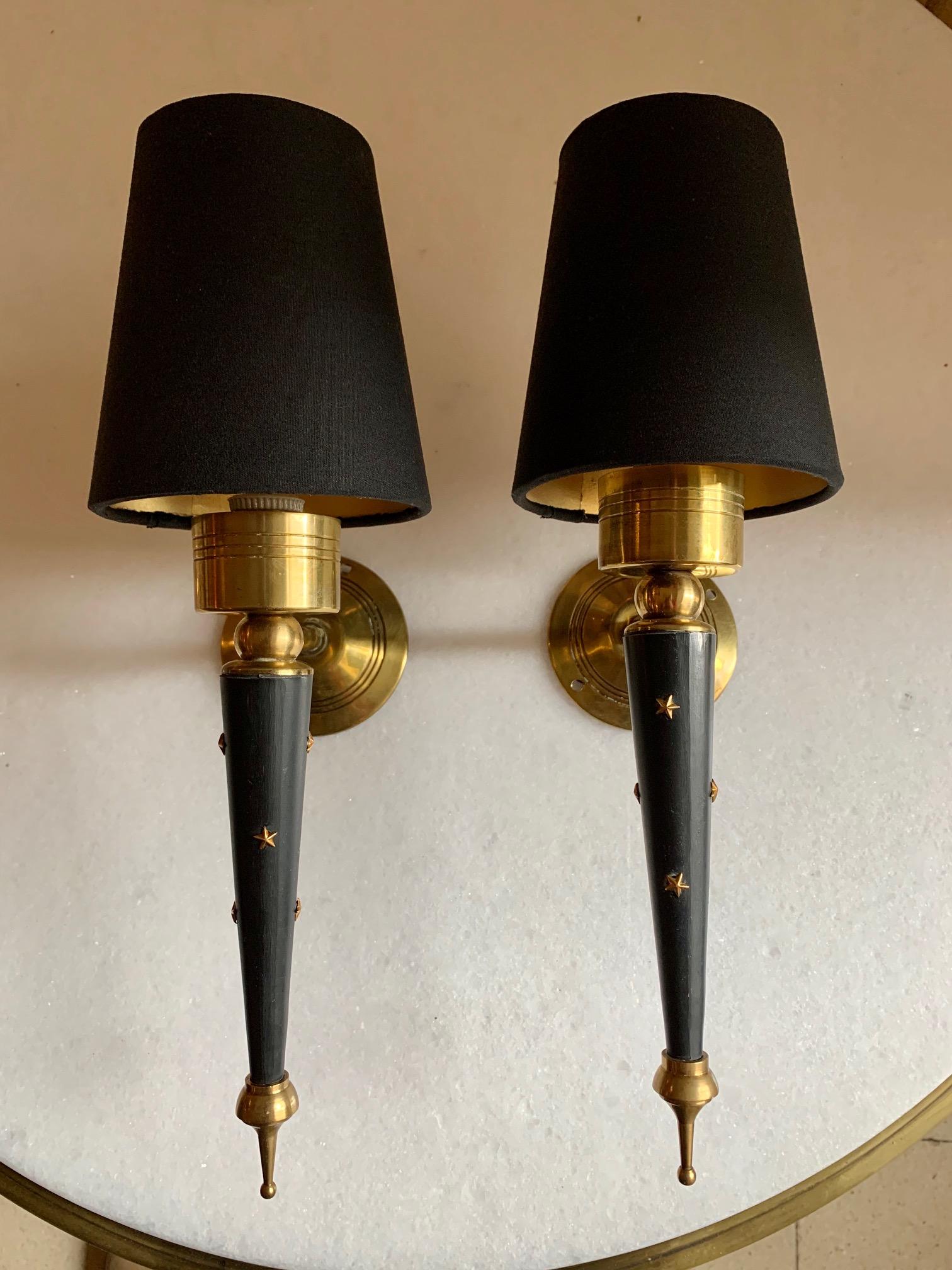 Pair of Midcentury French Lacquered Metal and Brass Wall Sconces, 1950 1