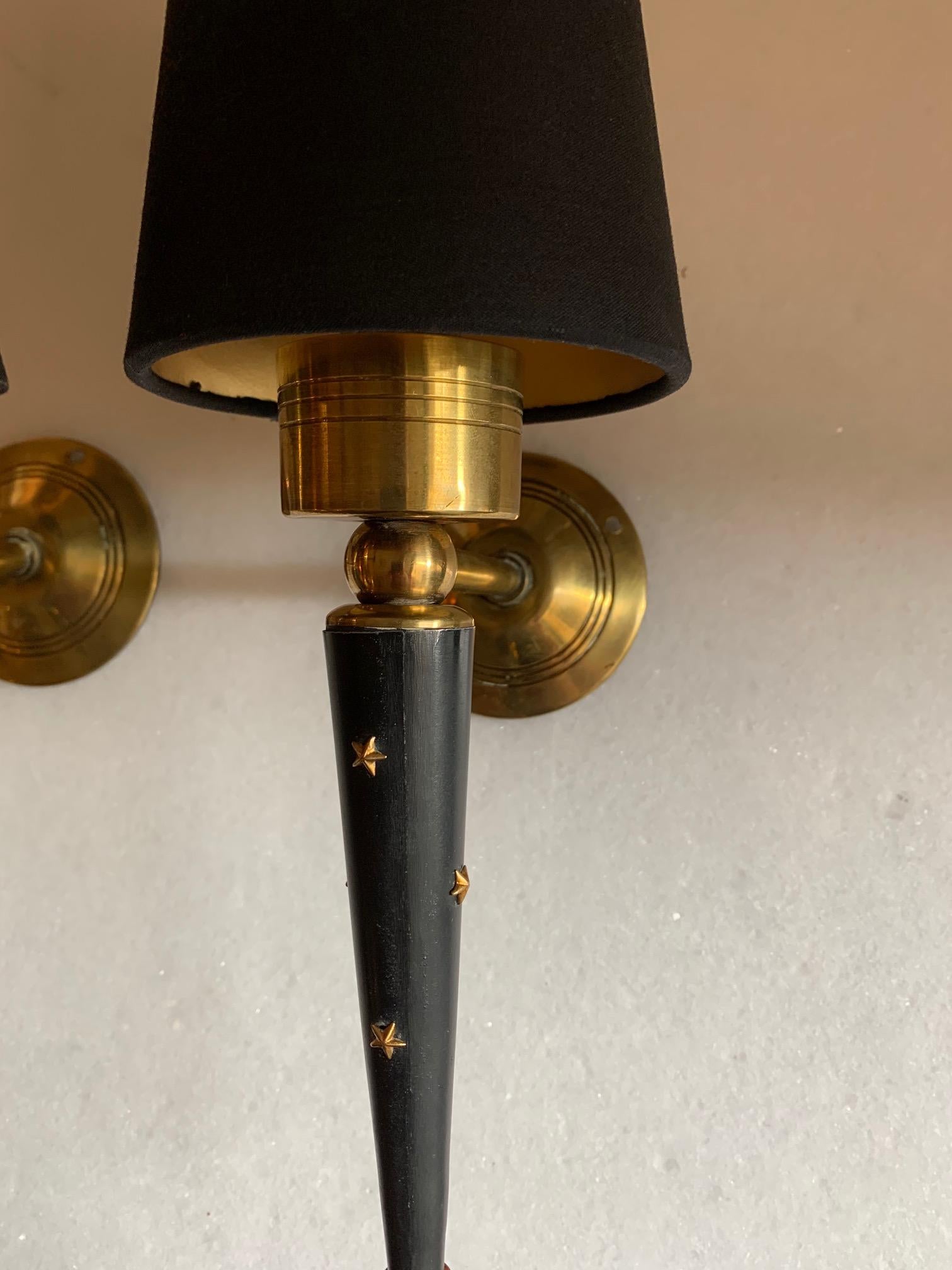 Pair of Midcentury French Lacquered Metal and Brass Wall Sconces, 1950 2