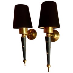 Pair of Midcentury French Lacquered Metal and Brass Wall Sconces, 1950