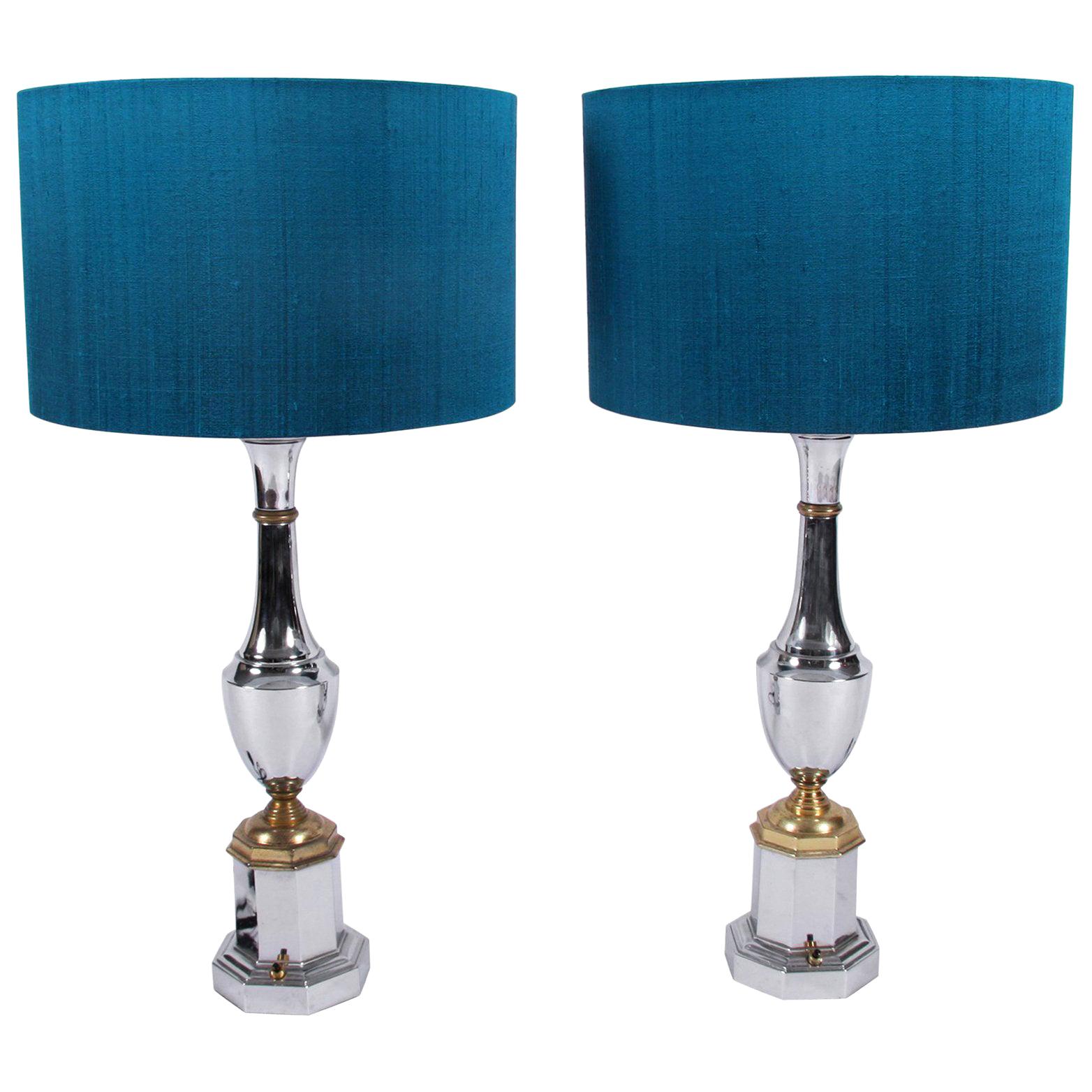 Pair of Midcentury French Large Chrome Table Lamps For Sale