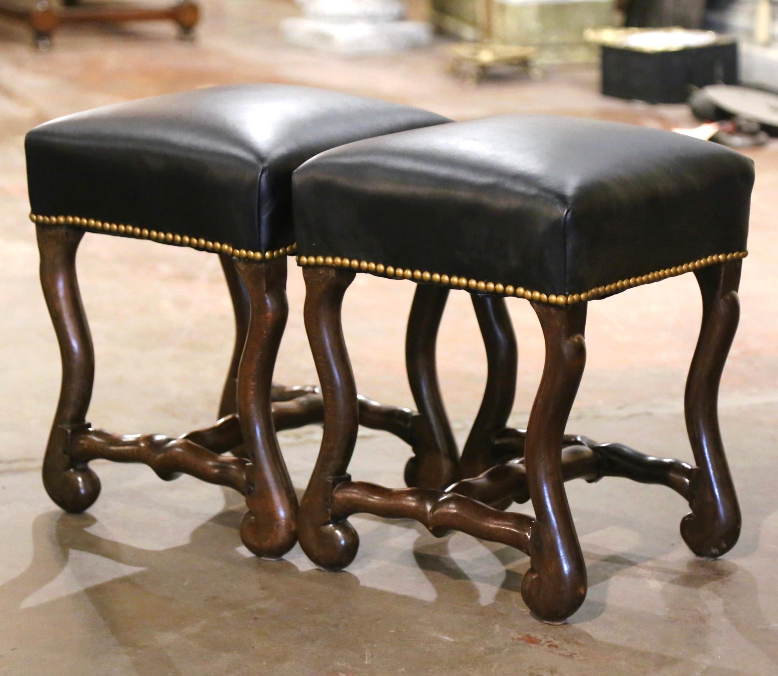 Pair of Mid-Century French Leather Top Carved Walnut 