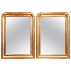 Pair of Midcentury French Louis Philippe Giltwood Mirrors with Engraved X Decor