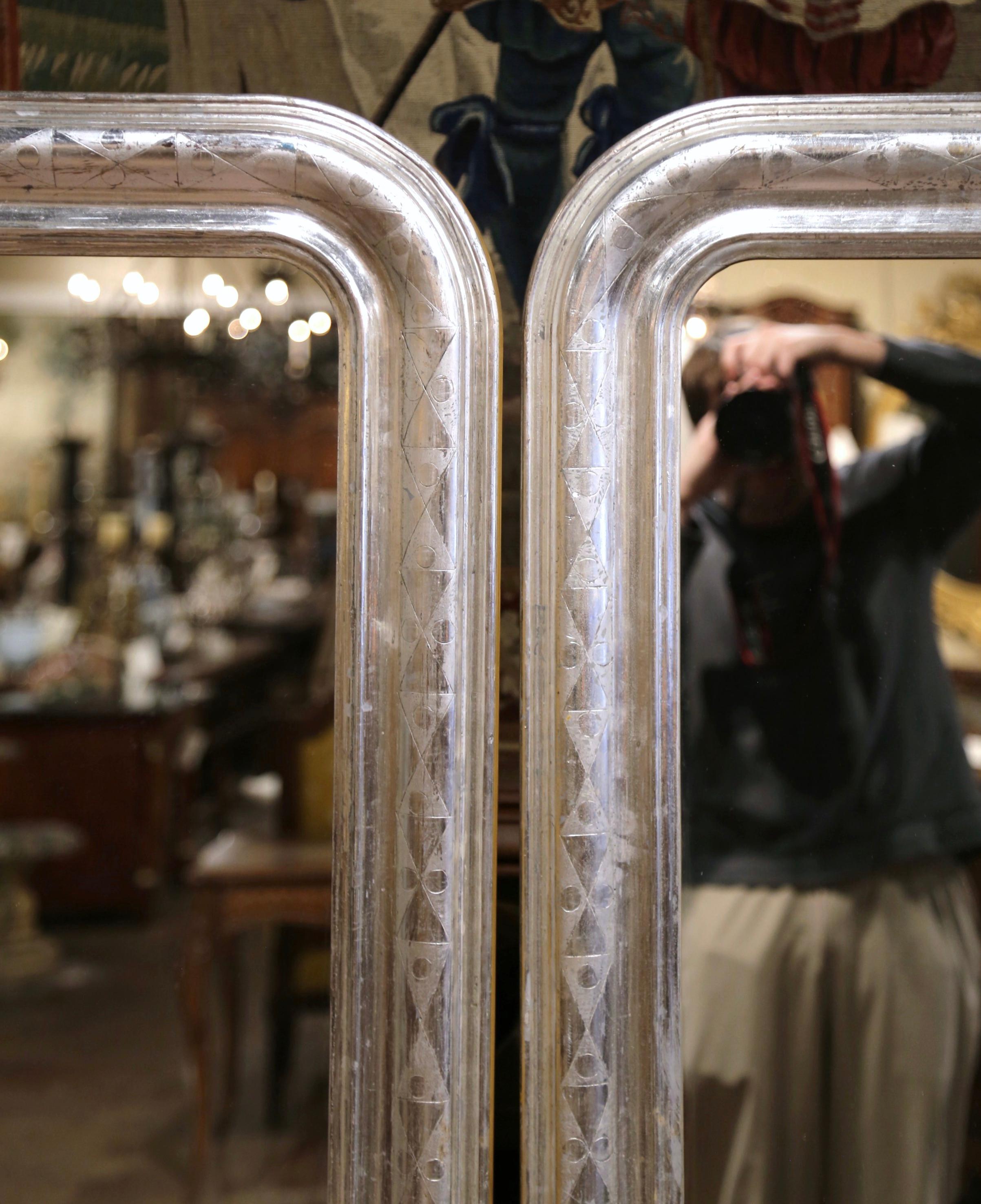 Hand-Crafted Pair of Mid-Century French Louis Philippe Silver Leaf Wall Mirrors  For Sale