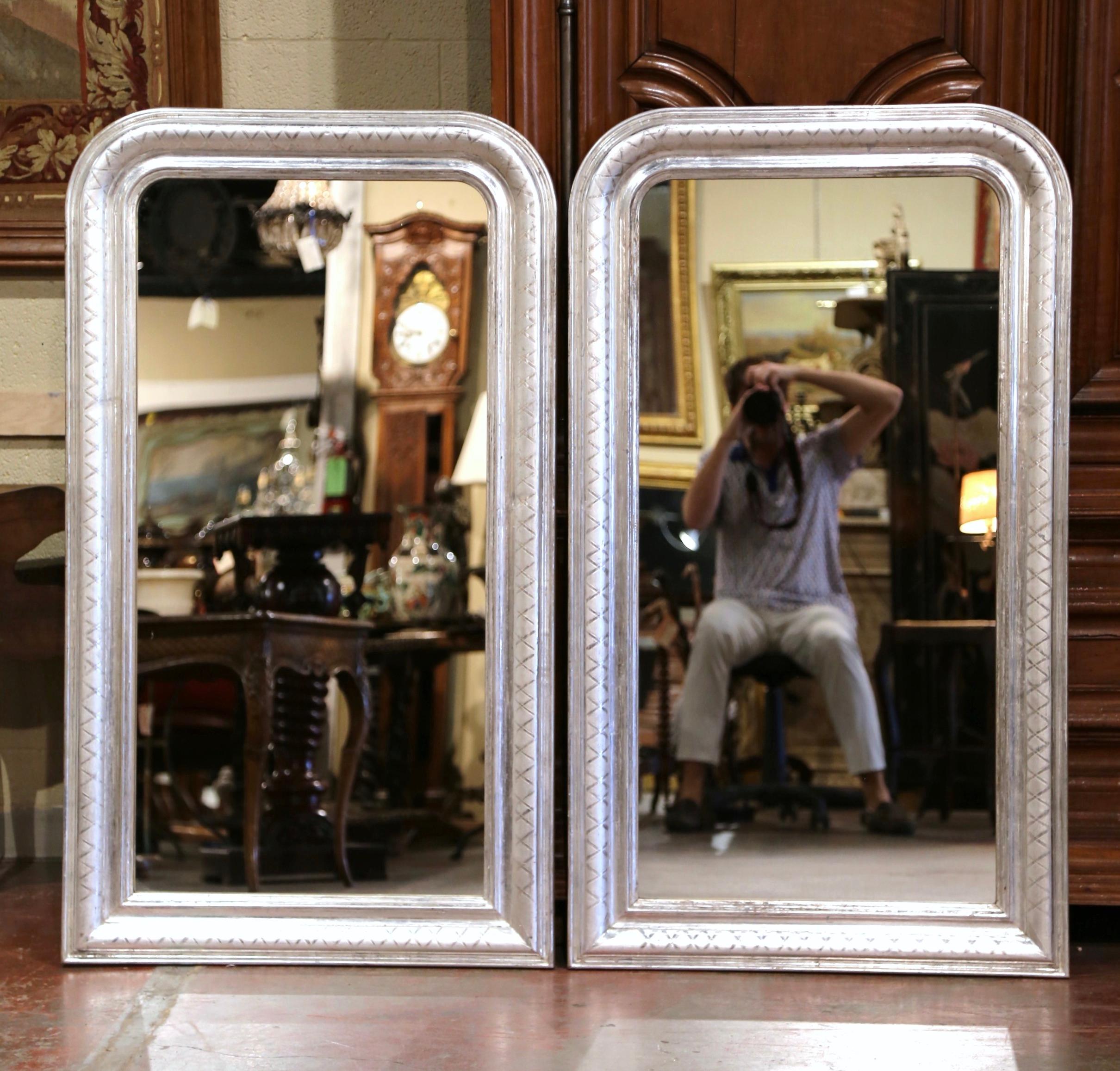 20th Century Pair of Mid Century French Louis Philippe Silver Leaf Wall Mirrors  For Sale