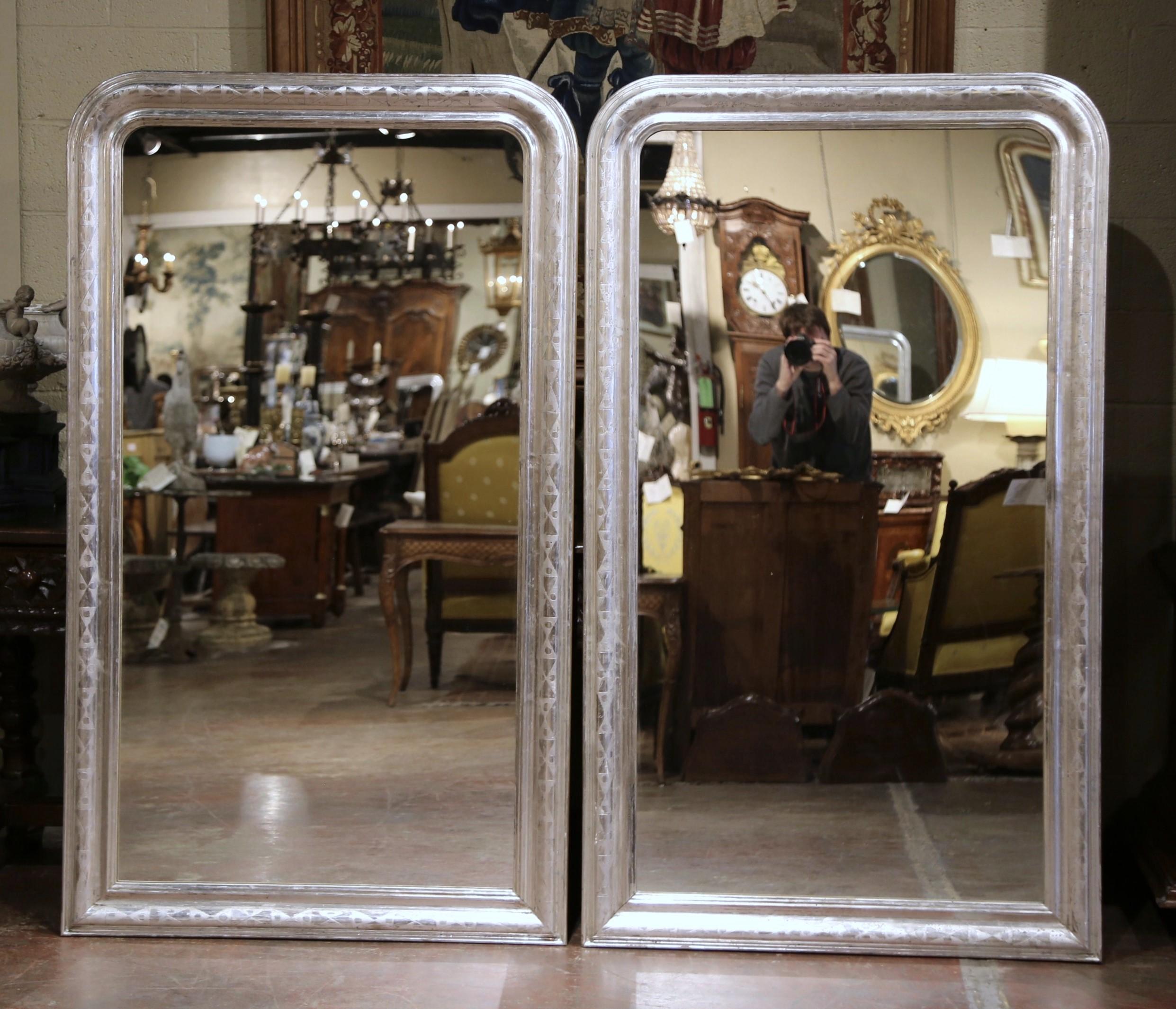 20th Century Pair of Mid-Century French Louis Philippe Silver Leaf Wall Mirrors  For Sale