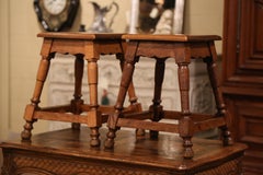 Pair of Midcentury French Louis XIII Carved Oak and Walnut Stools