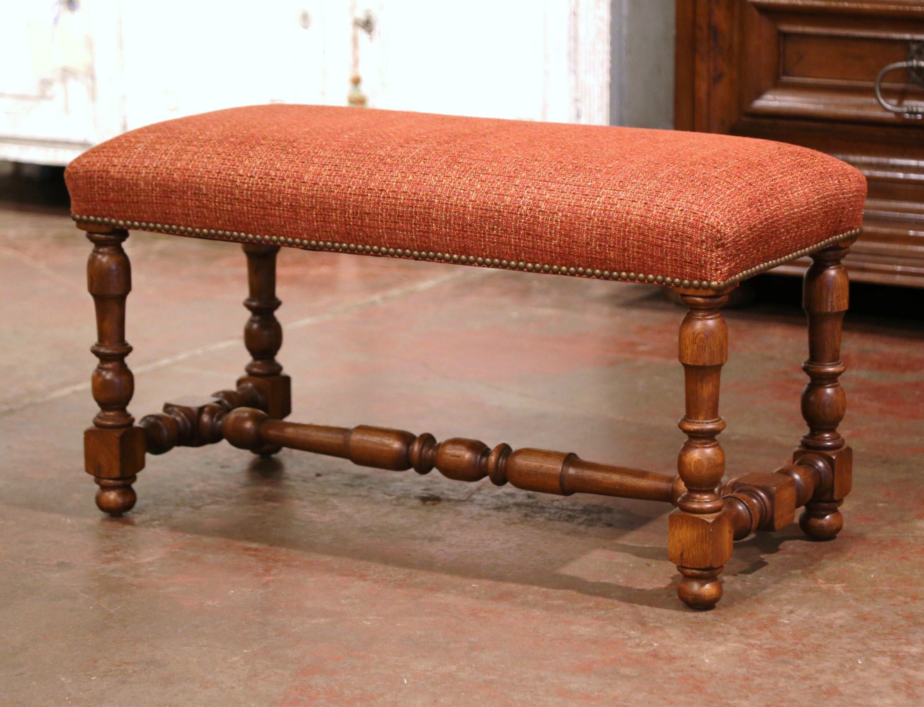 Hand-Carved Pair of Mid-Century French Louis XIII Carved Oak Benches with Red Upholstery