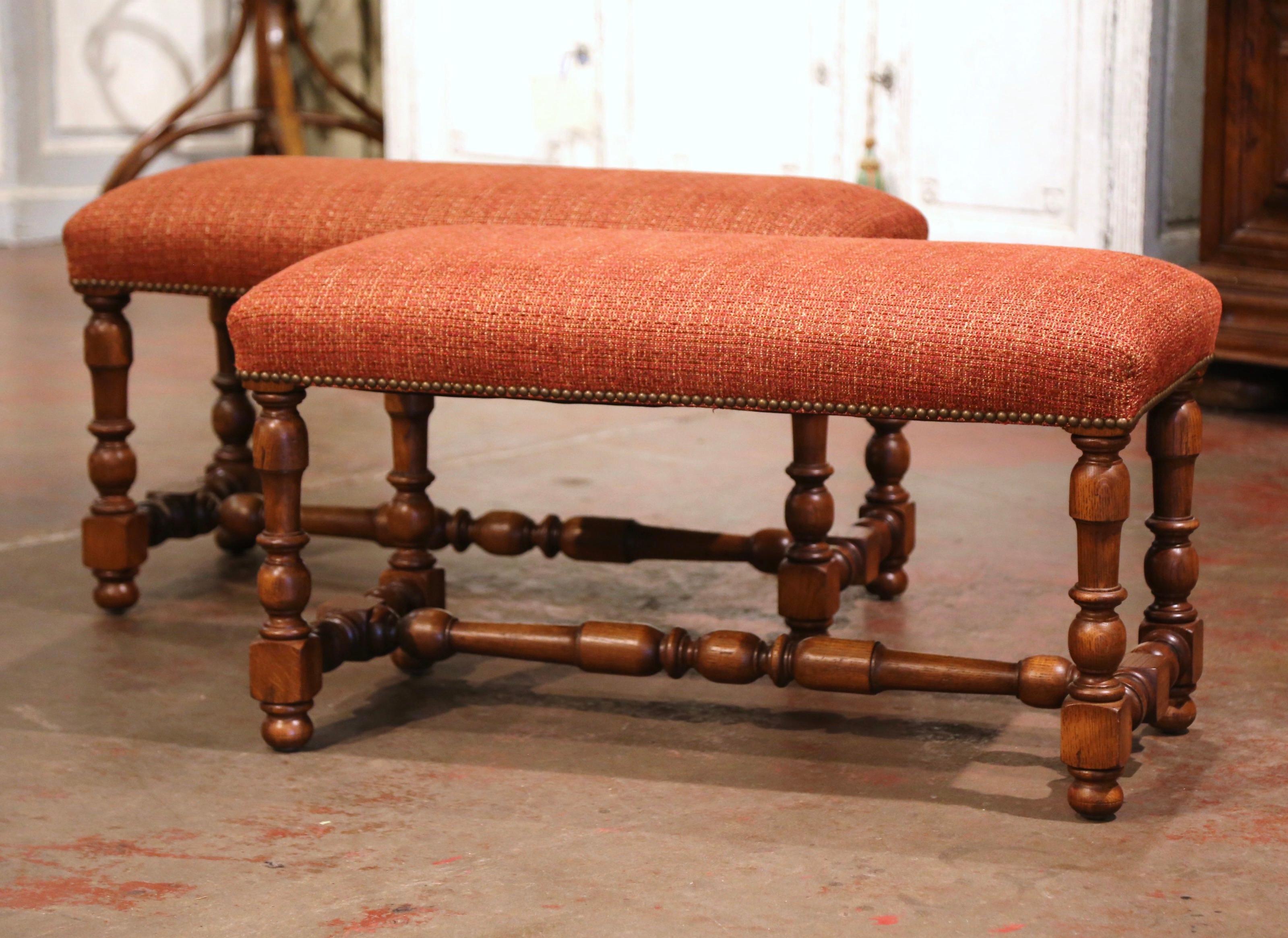 Pair of Mid-Century French Louis XIII Carved Oak Benches with Red Upholstery In Excellent Condition In Dallas, TX