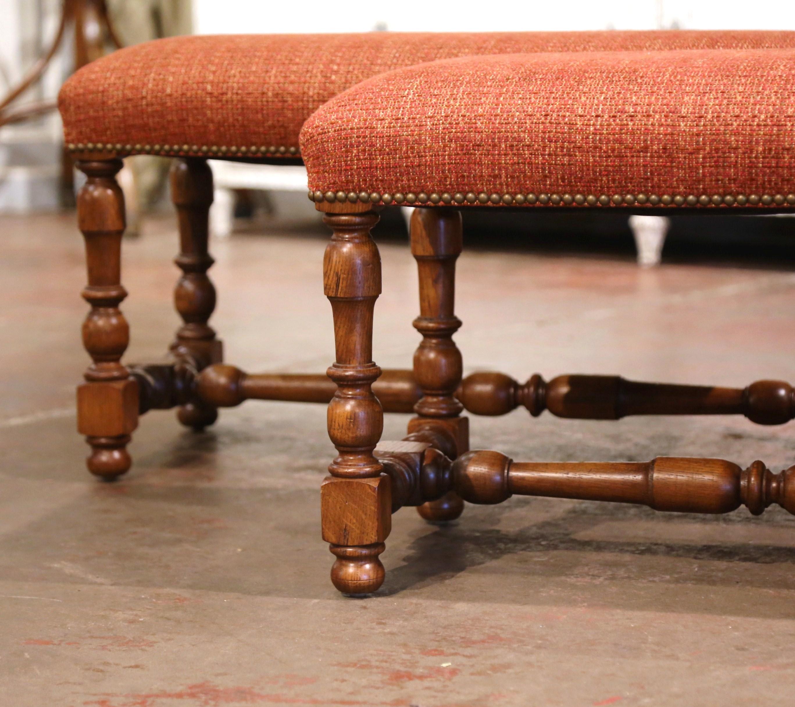 20th Century Pair of Mid-Century French Louis XIII Carved Oak Benches with Red Upholstery