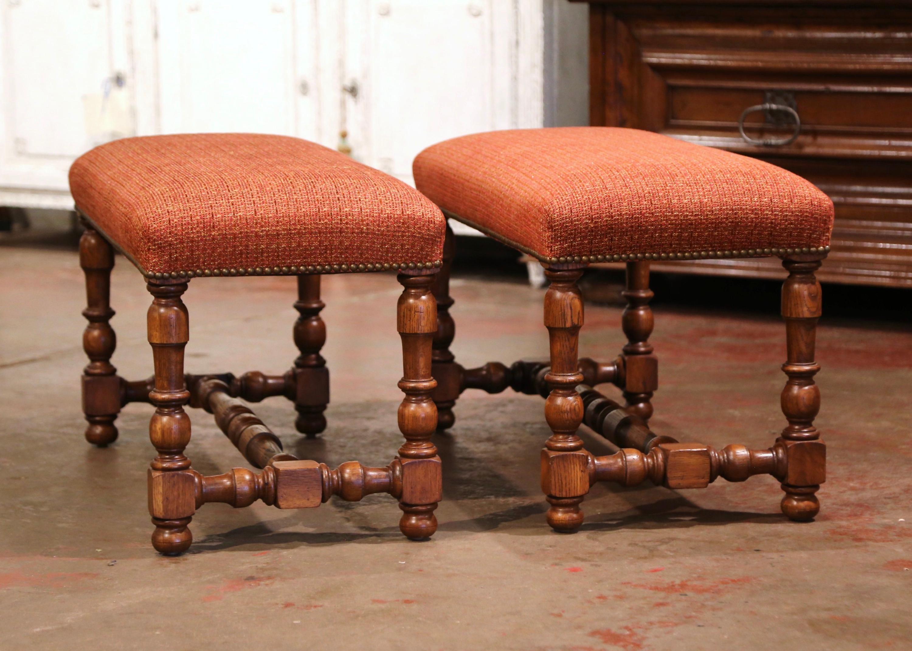 Fabric Pair of Mid-Century French Louis XIII Carved Oak Benches with Red Upholstery