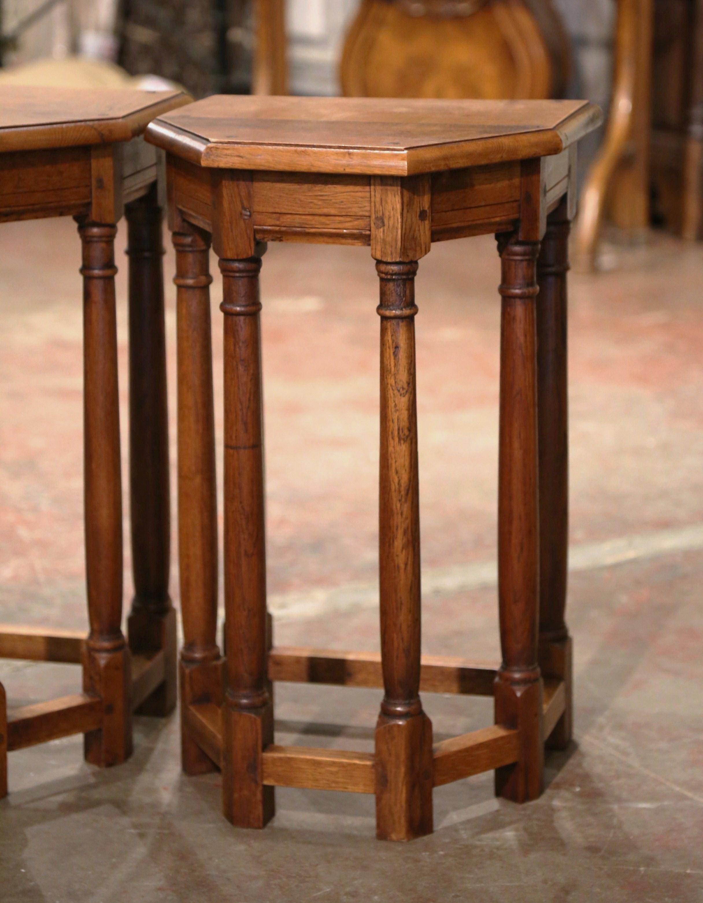Hand-Carved Pair of Mid-Century French Louis XIII Carved Oak Six-Leg Side Tables or Stools