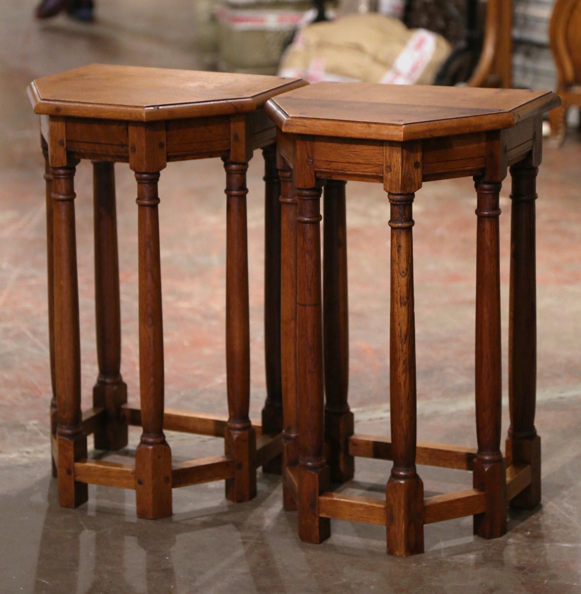 Pair of Mid-Century French Louis XIII Carved Oak Six-Leg Side Tables or Stools In Excellent Condition In Dallas, TX
