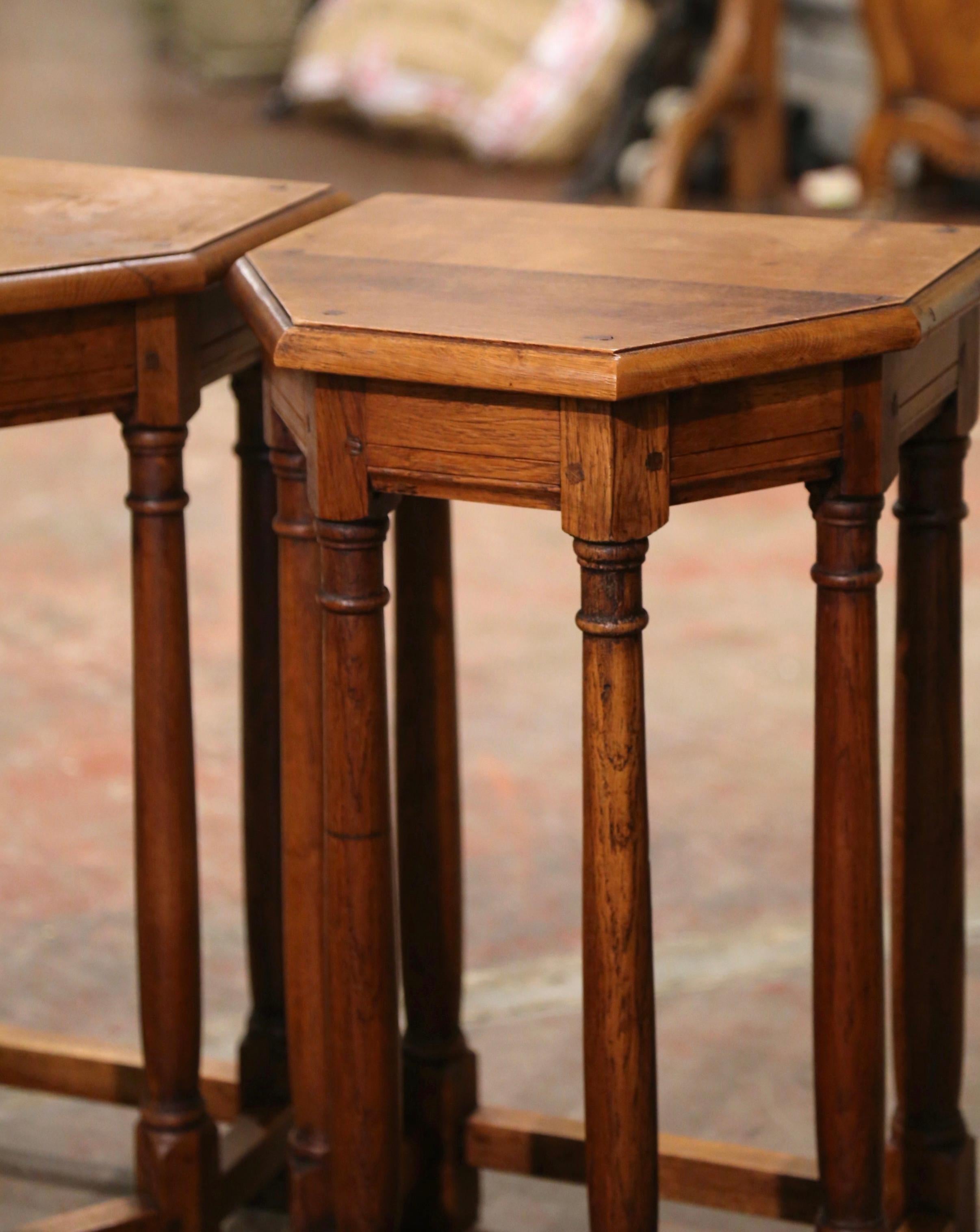 20th Century Pair of Mid-Century French Louis XIII Carved Oak Six-Leg Side Tables or Stools