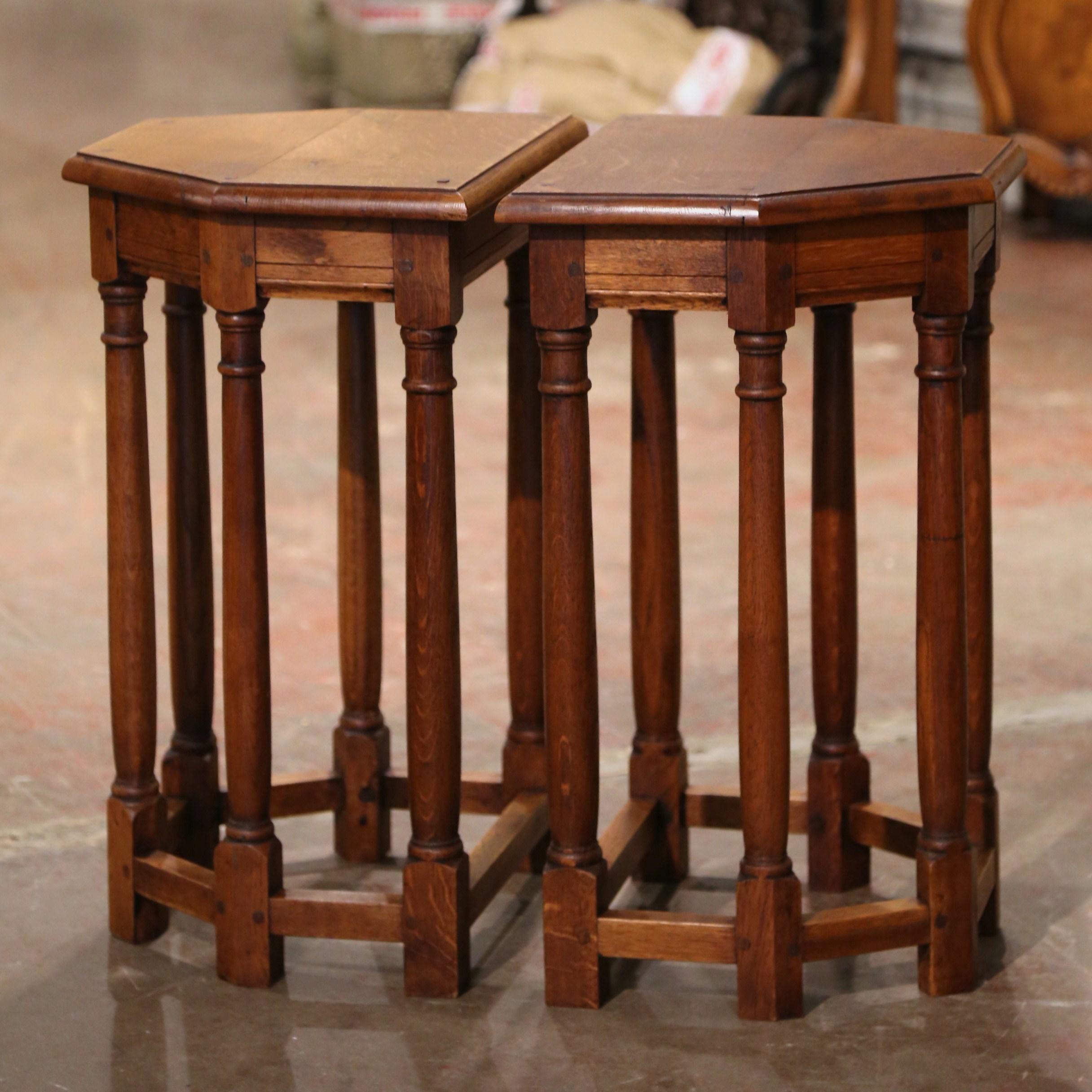 Pair of Mid-Century French Louis XIII Carved Oak Six-Leg Side Tables or Stools 1