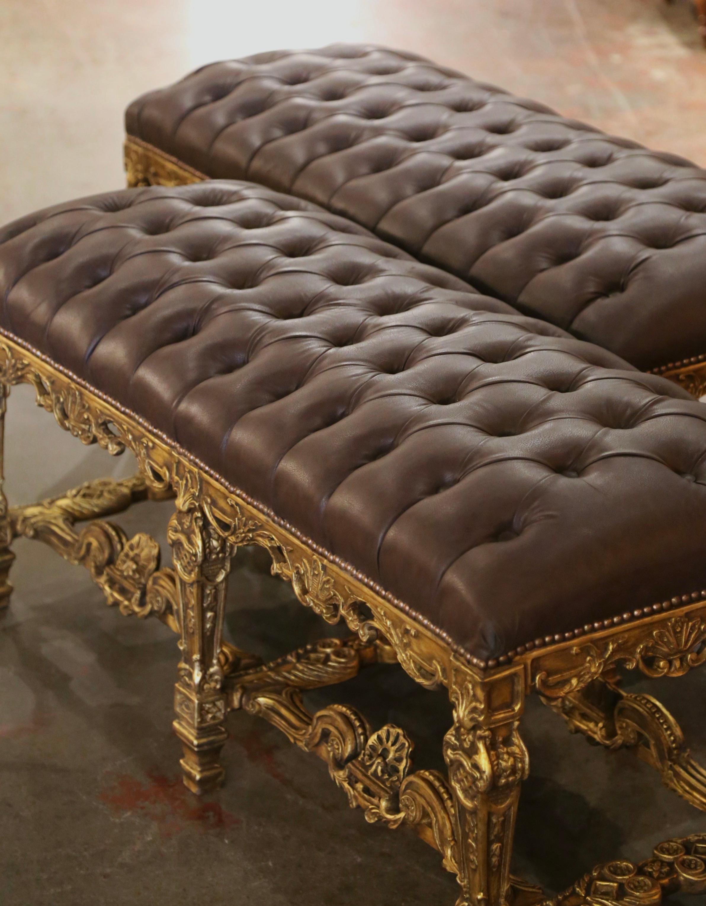 Hand-Carved Pair of Mid-Century French Louis XIV Carved Giltwood Benches with Leather Seats For Sale