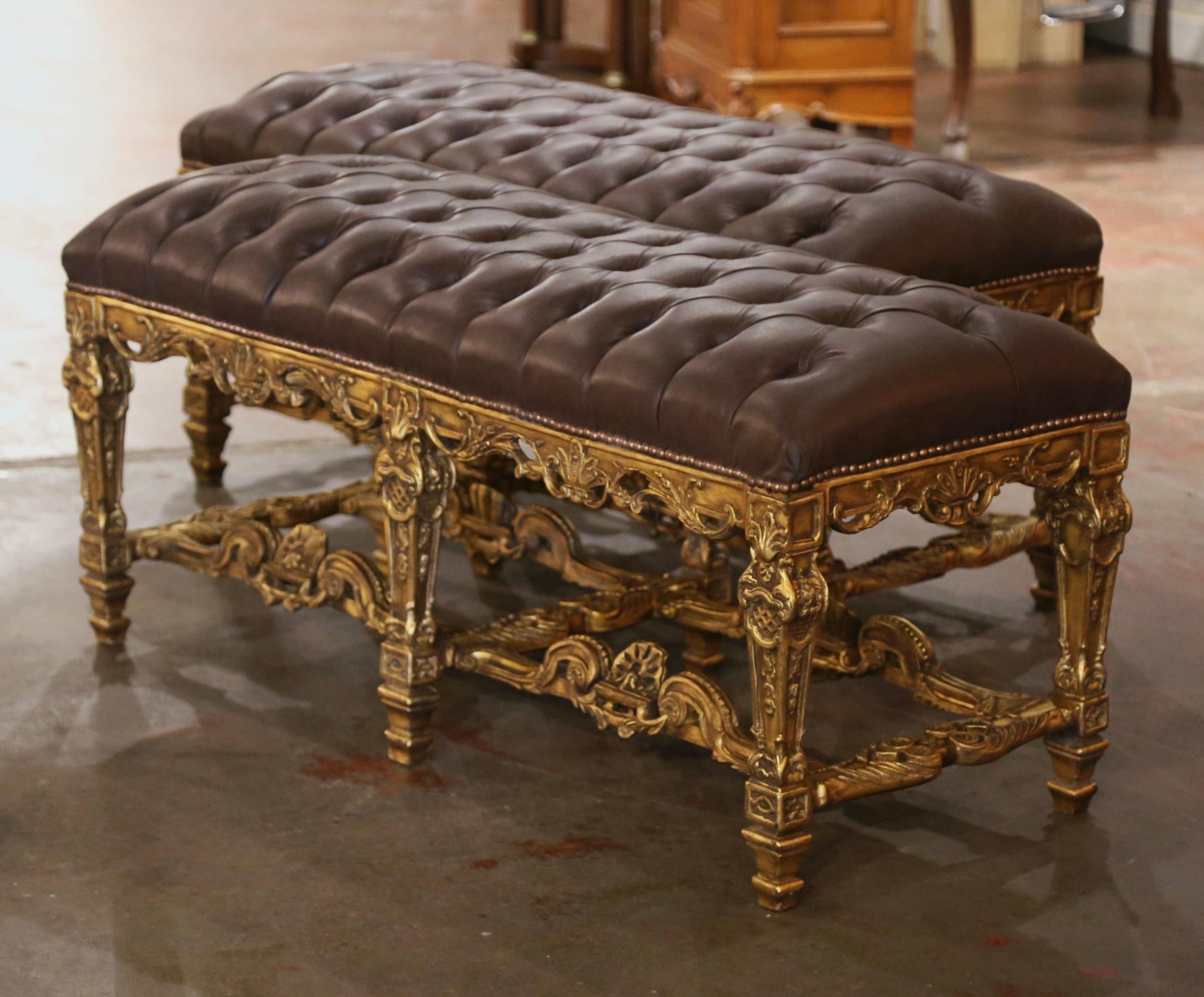 20th Century Pair of Mid-Century French Louis XIV Carved Giltwood Benches with Leather Seats For Sale