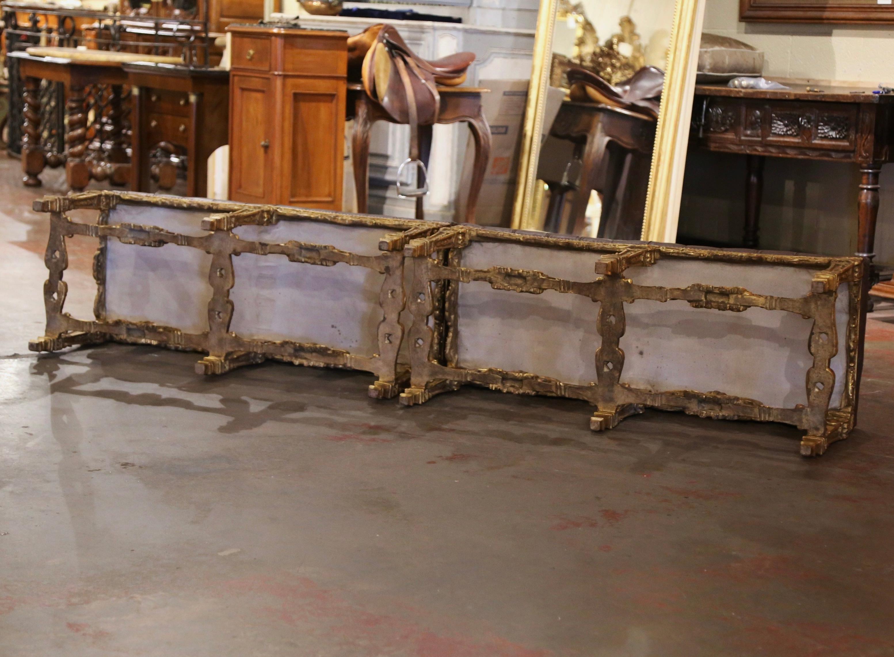 Pair of Mid-Century French Louis XIV Carved Giltwood Benches with Leather Seats For Sale 2