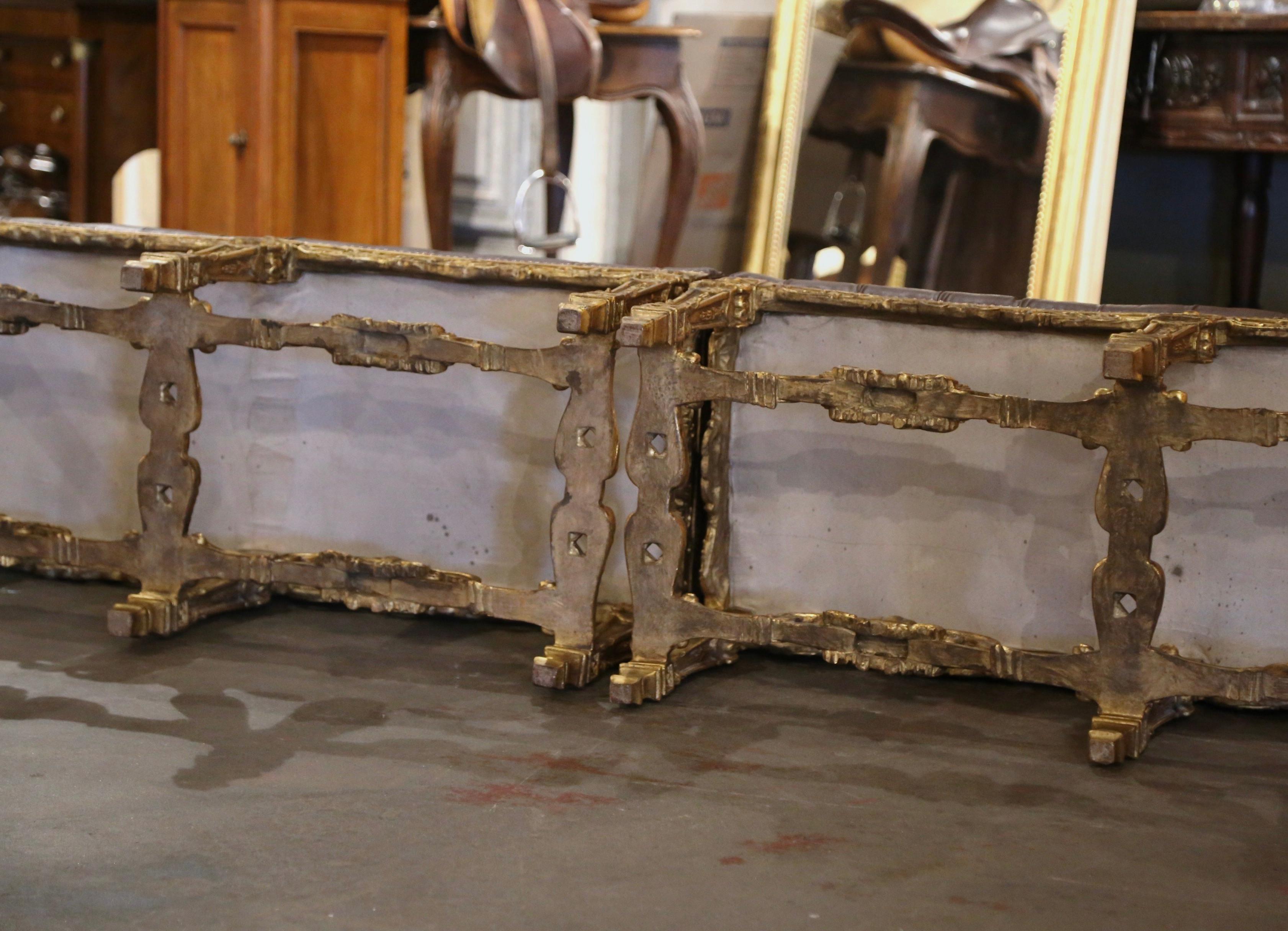 Pair of Mid-Century French Louis XIV Carved Giltwood Benches with Leather Seats For Sale 3